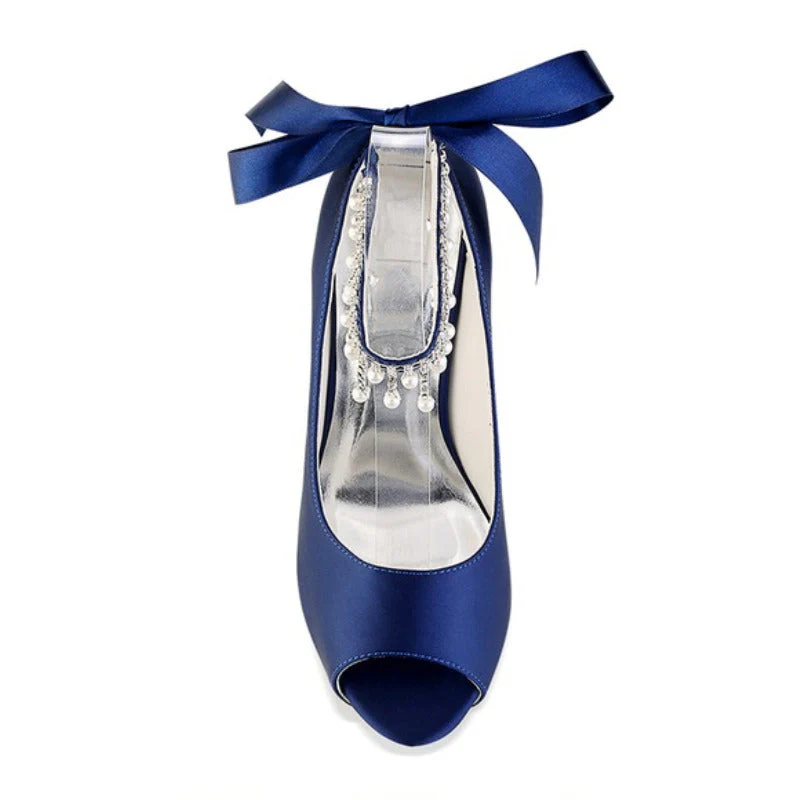 Women's Silk Satin With Ankle Strap Lace-up Rhinestone Tassel Peep Toe Stiletto Heel Wedding Shoes - Image 5