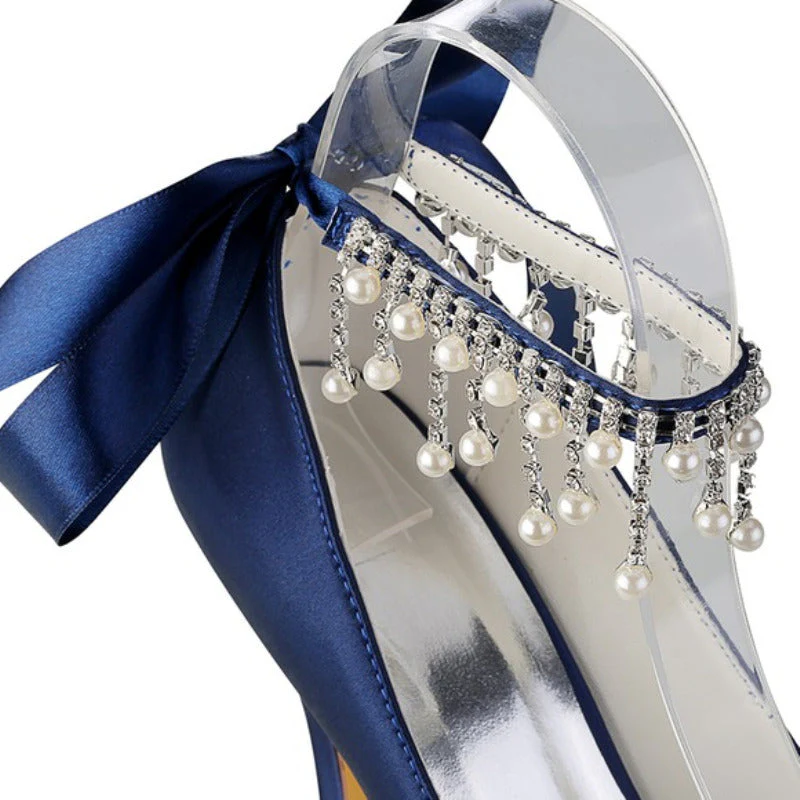 Women's Silk Satin With Ankle Strap Lace-up Rhinestone Tassel Peep Toe Stiletto Heel Wedding Shoes - Image 6