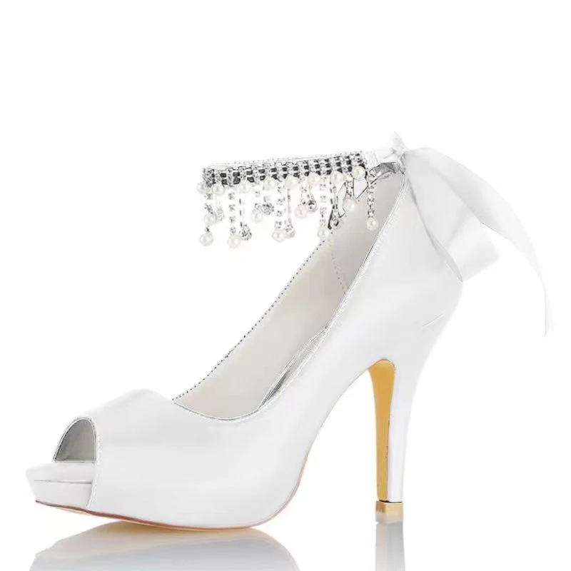 Women's Silk Satin With Ankle Strap Lace-up Rhinestone Tassel Peep Toe Stiletto Heel Wedding Shoes - Image 7