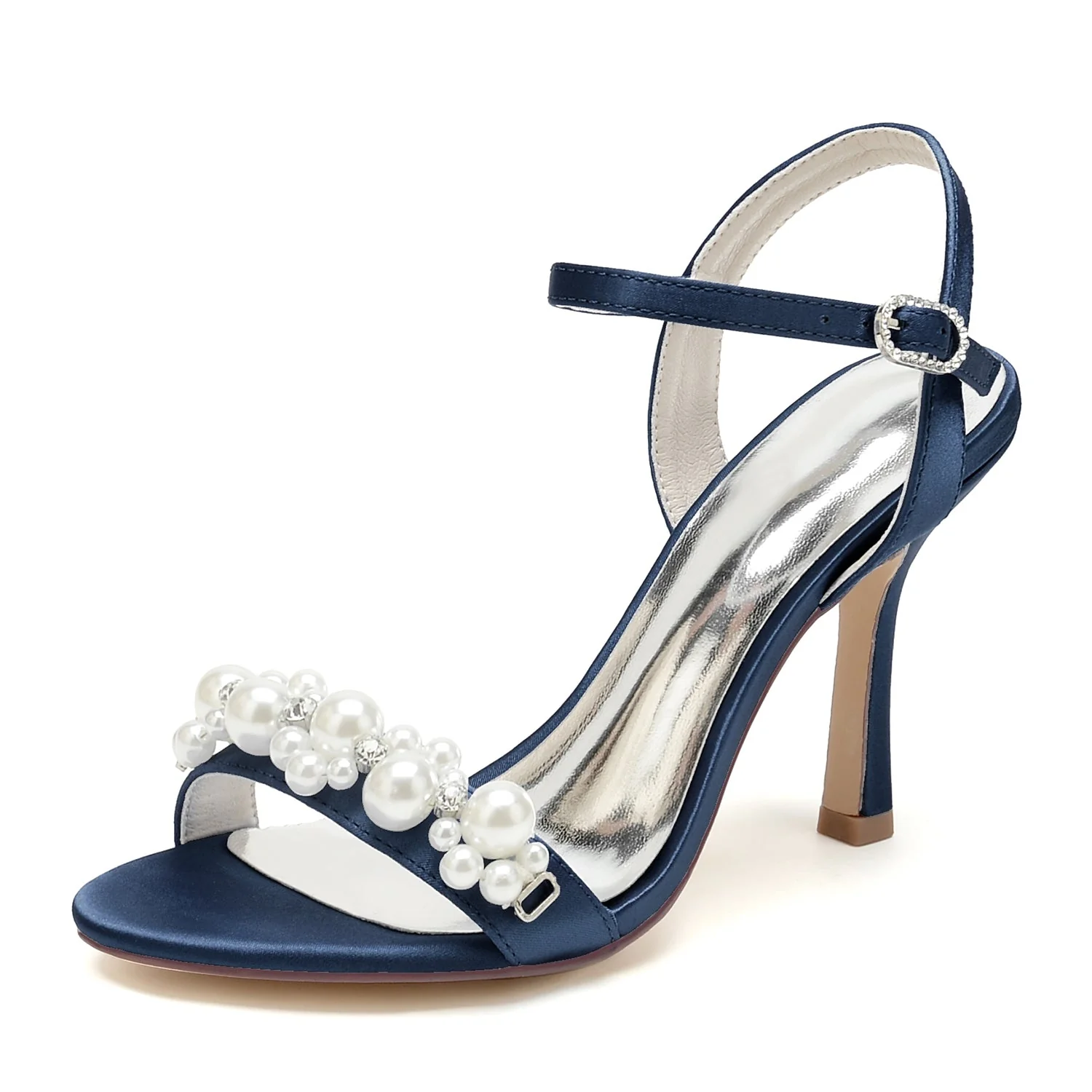 Women's Silk Satin With Ankle Strap Pearl Peep Toe Stiletto Heel Wedding Shoes - Image 9