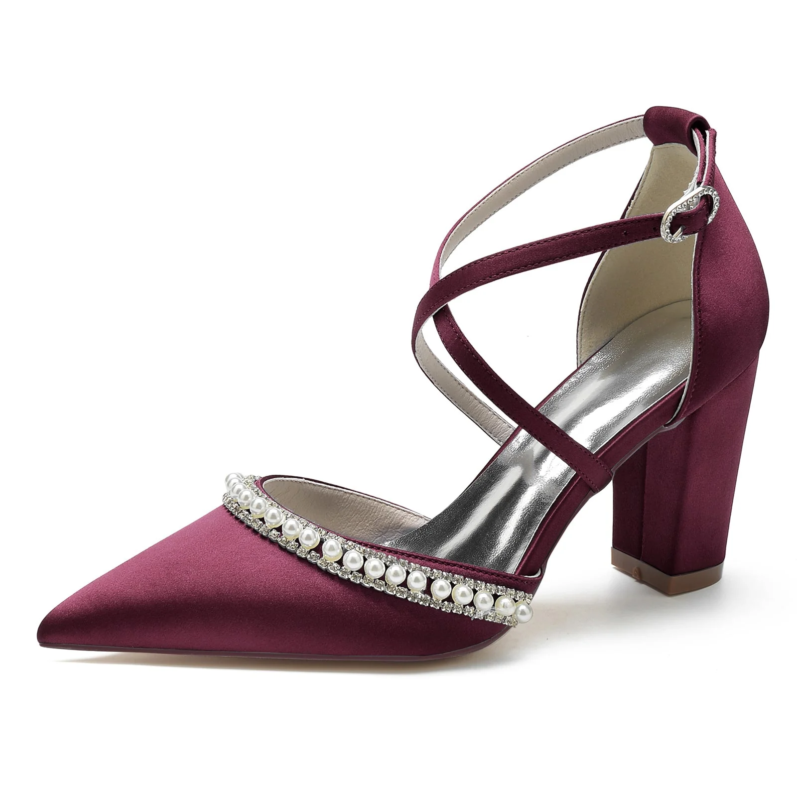 Women's Silk Satin With Ankle Strap Pearl Rhinestone Closed Toe Chunky Heel Wedding Shoes - Image 10