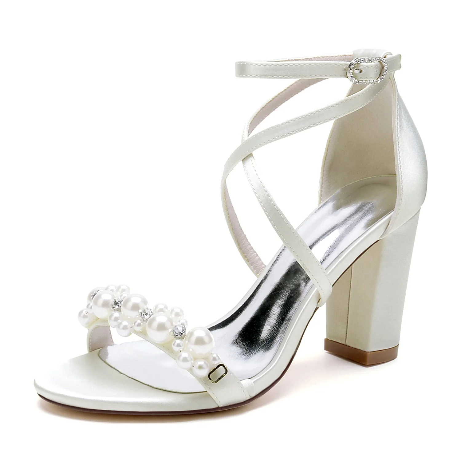 Women's Silk Satin With Ankle Strap Pearl Rhinestone Peep Toe Chunky Heel Wedding Shoes - Image 7