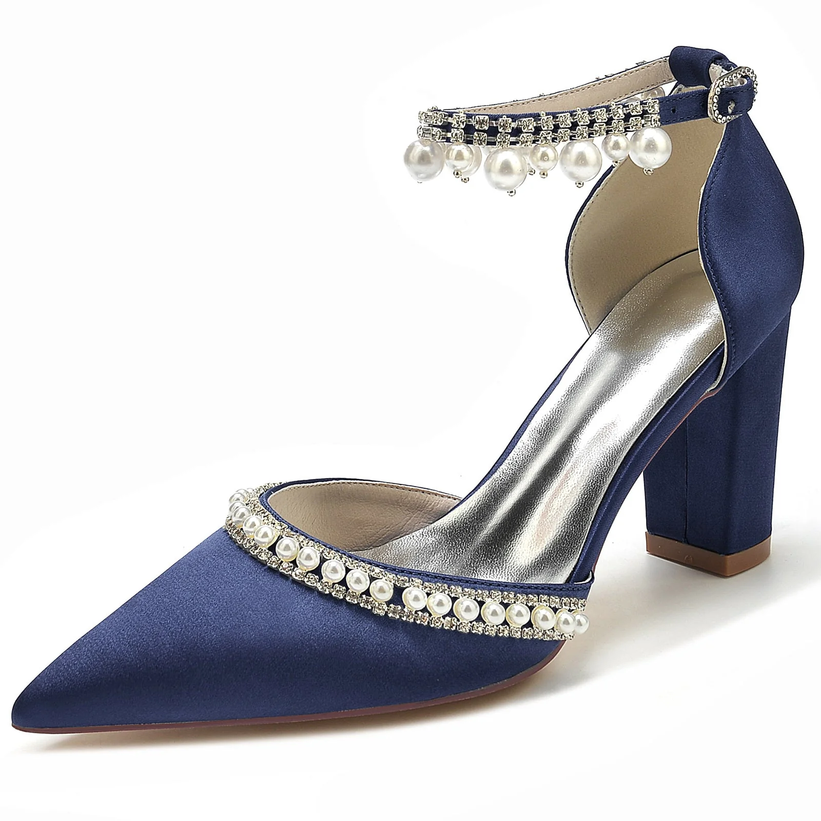Women's Silk Satin With Ankle Strap Pearl Rhinestone Tassel Closed Toe Chunky Heel Evening Shoes - Image 10