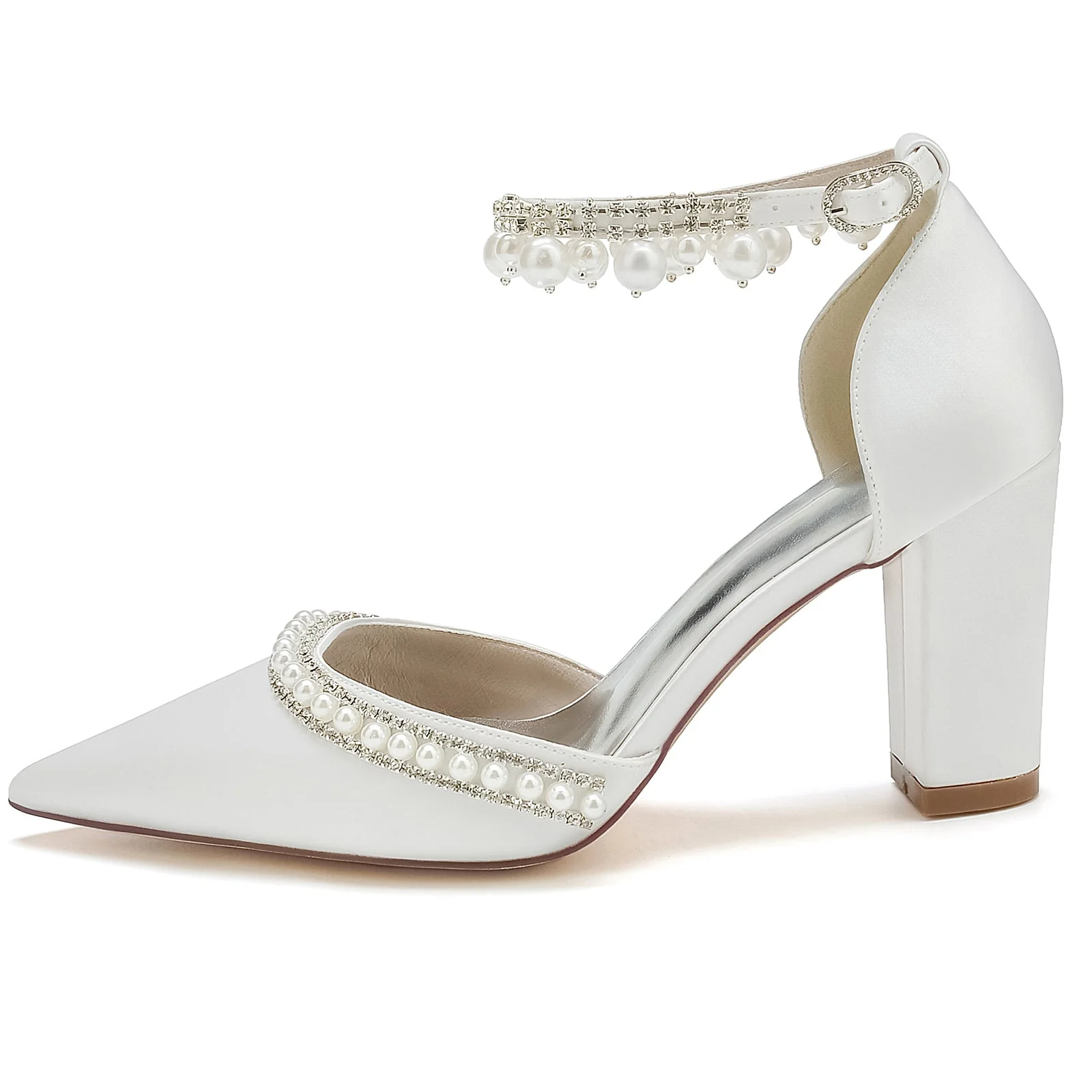 Women's Silk Satin With Ankle Strap Pearl Rhinestone Tassel Closed Toe Chunky Heel Evening Shoes - Image 4