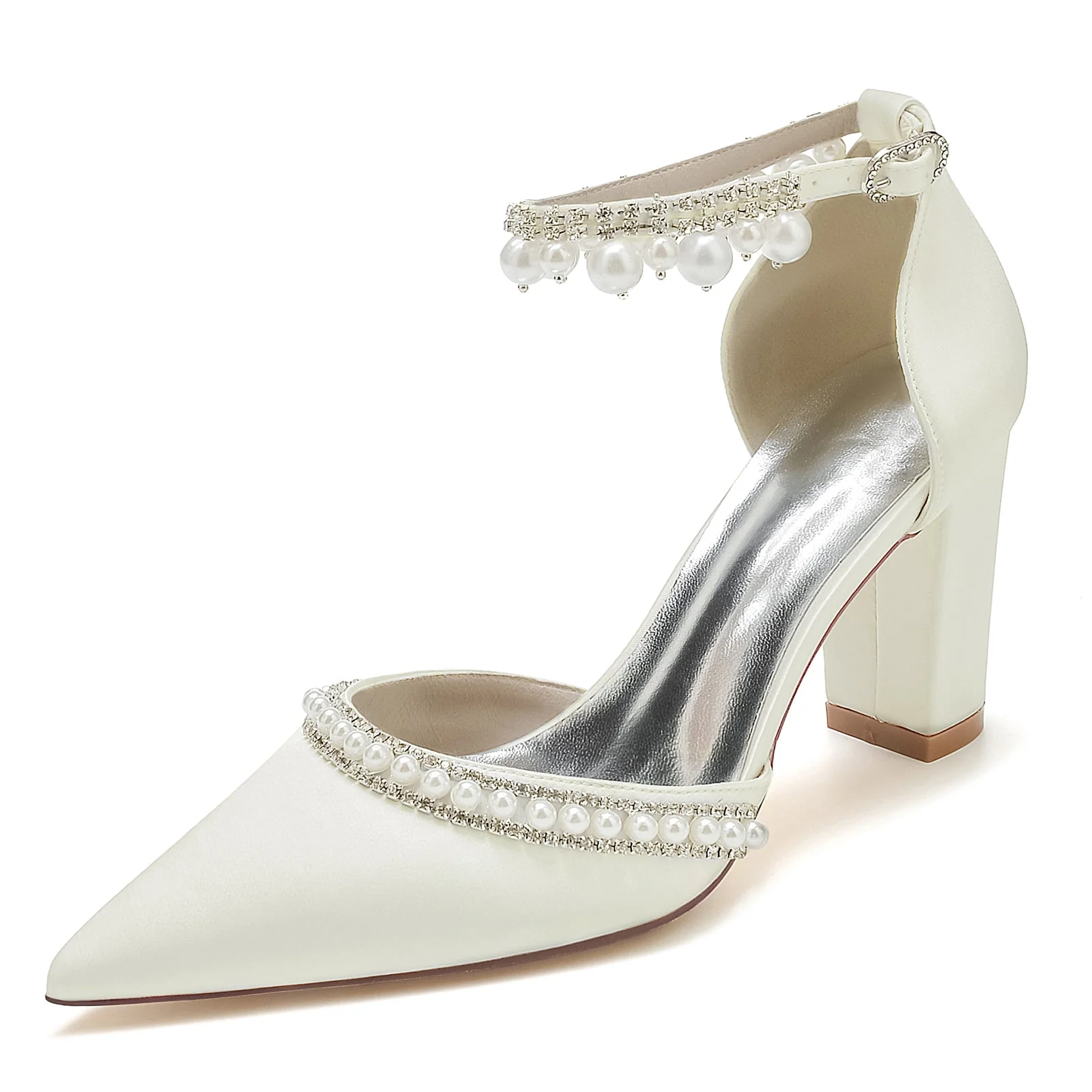 Women's Silk Satin With Ankle Strap Pearl Rhinestone Tassel Closed Toe Chunky Heel Evening Shoes - Image 8