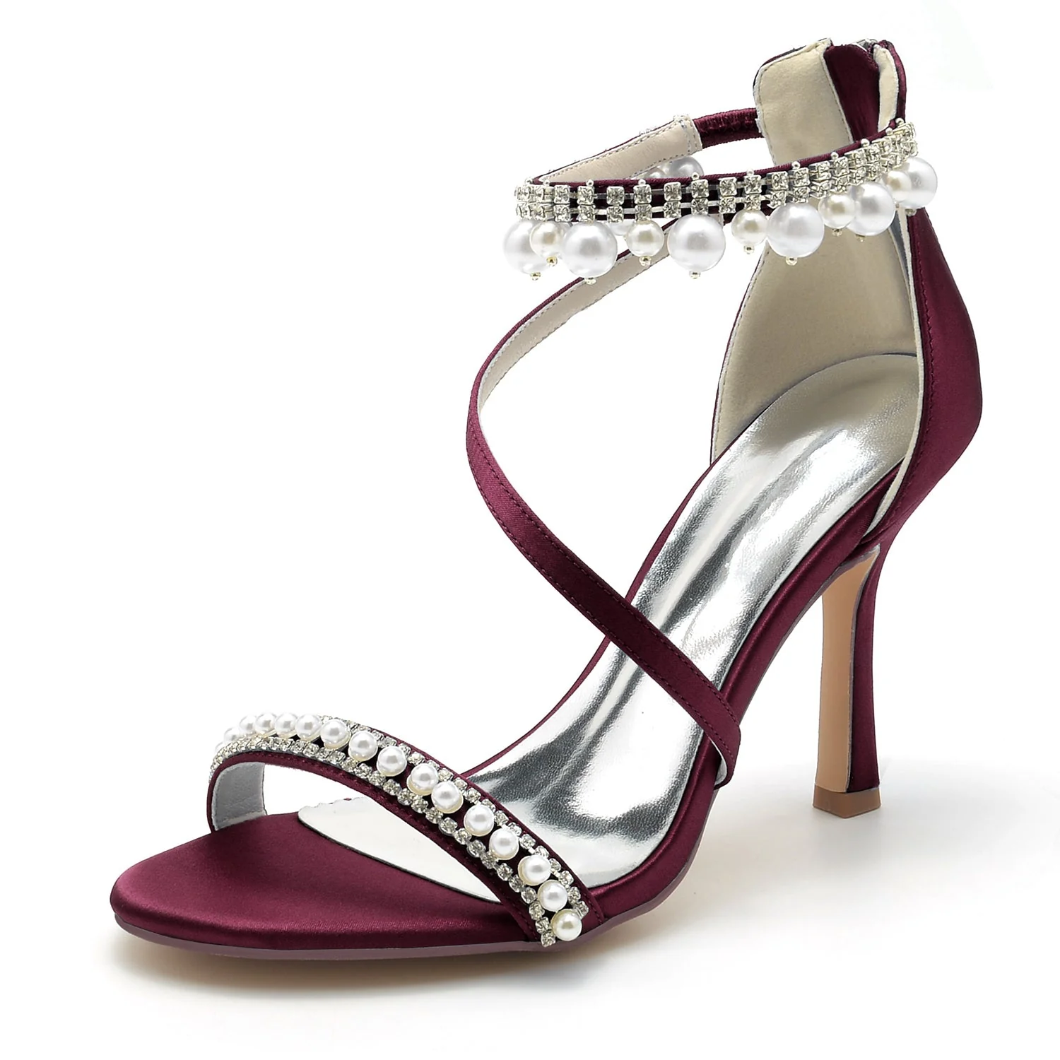 Women's Silk Satin With Ankle Strap Pearl Rhinestone Tassel Peep Toe Stiletto Heel Party Shoes - Image 13