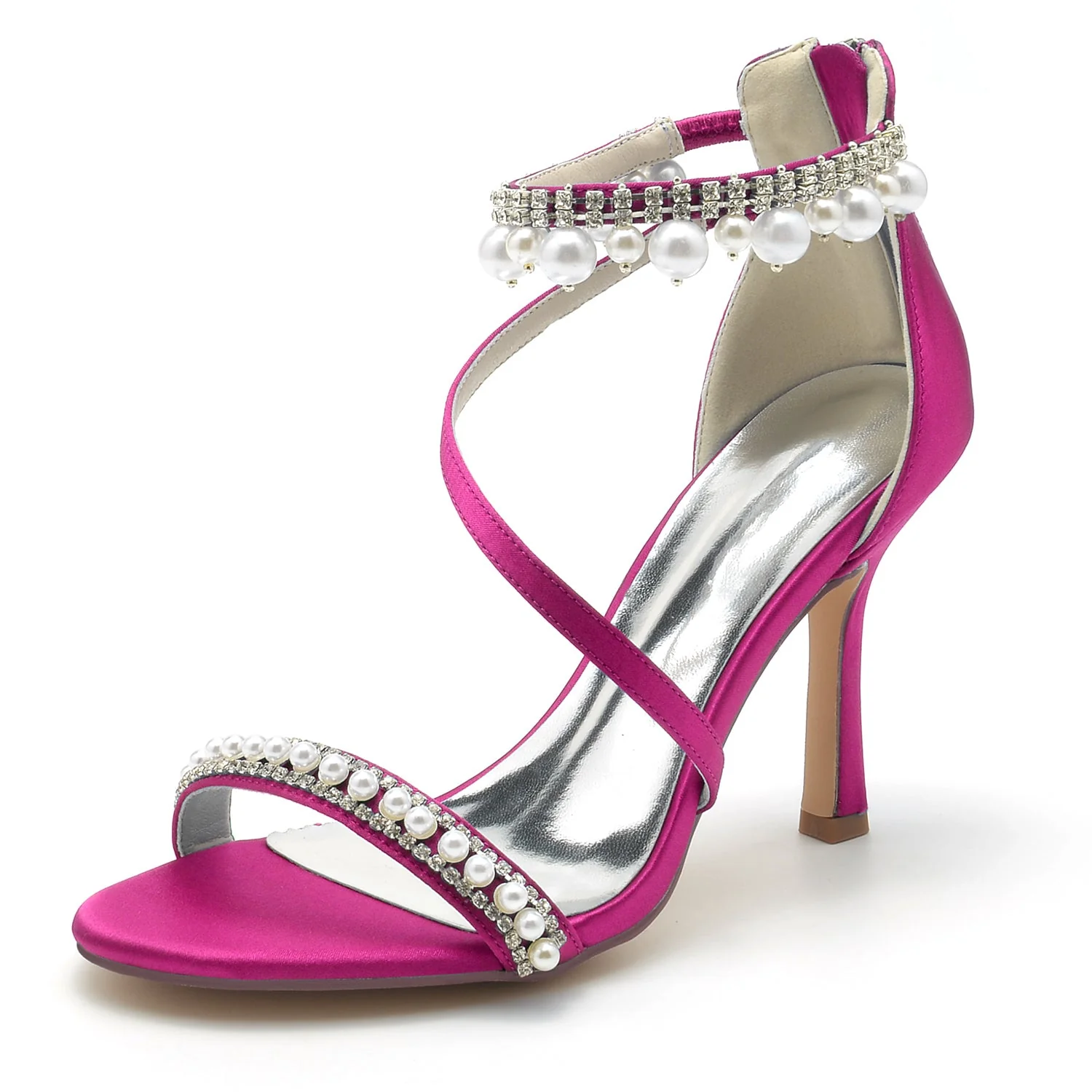 Women's Silk Satin With Ankle Strap Pearl Rhinestone Tassel Peep Toe Stiletto Heel Party Shoes - Image 14