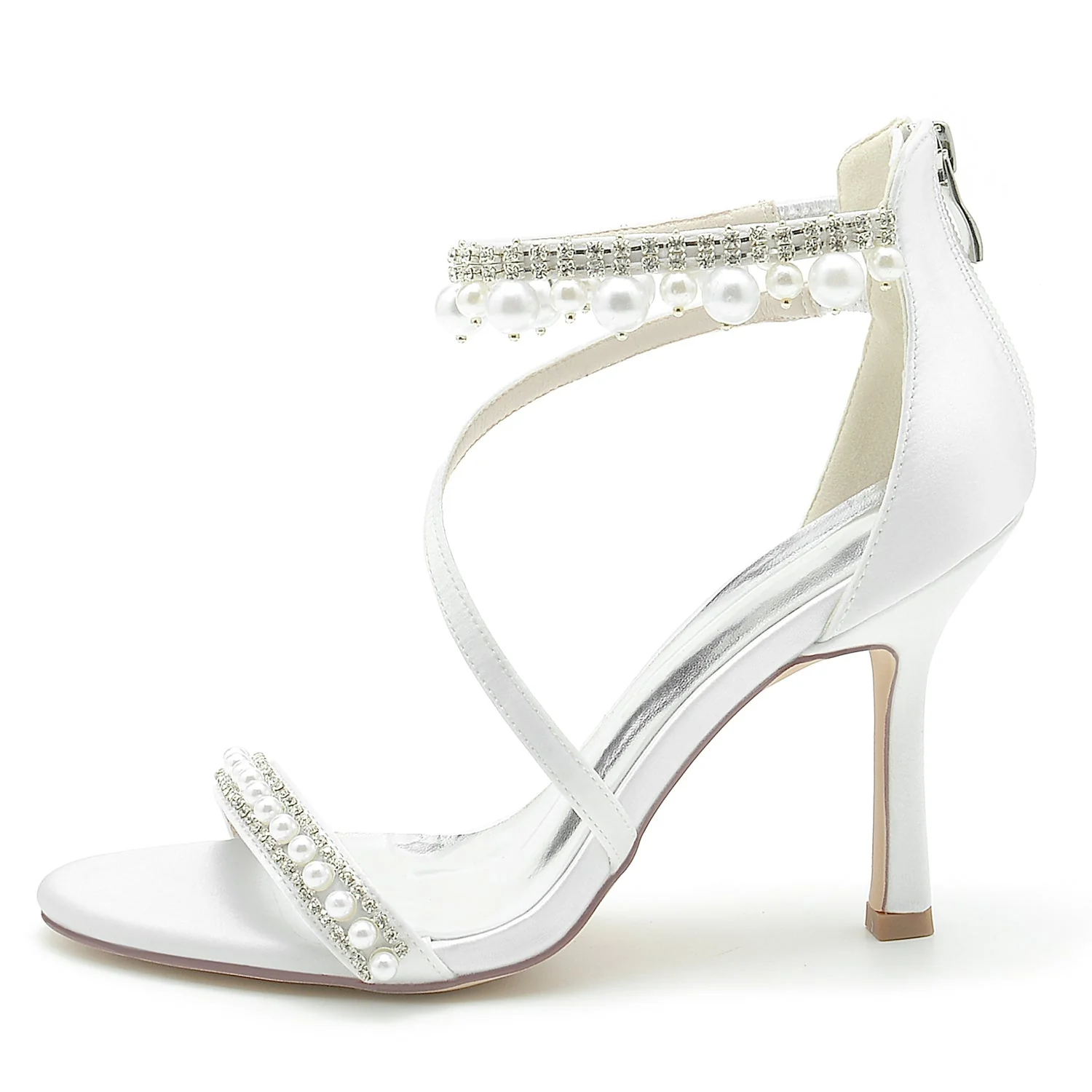 Women's Silk Satin With Ankle Strap Pearl Rhinestone Tassel Peep Toe Stiletto Heel Party Shoes - Image 2