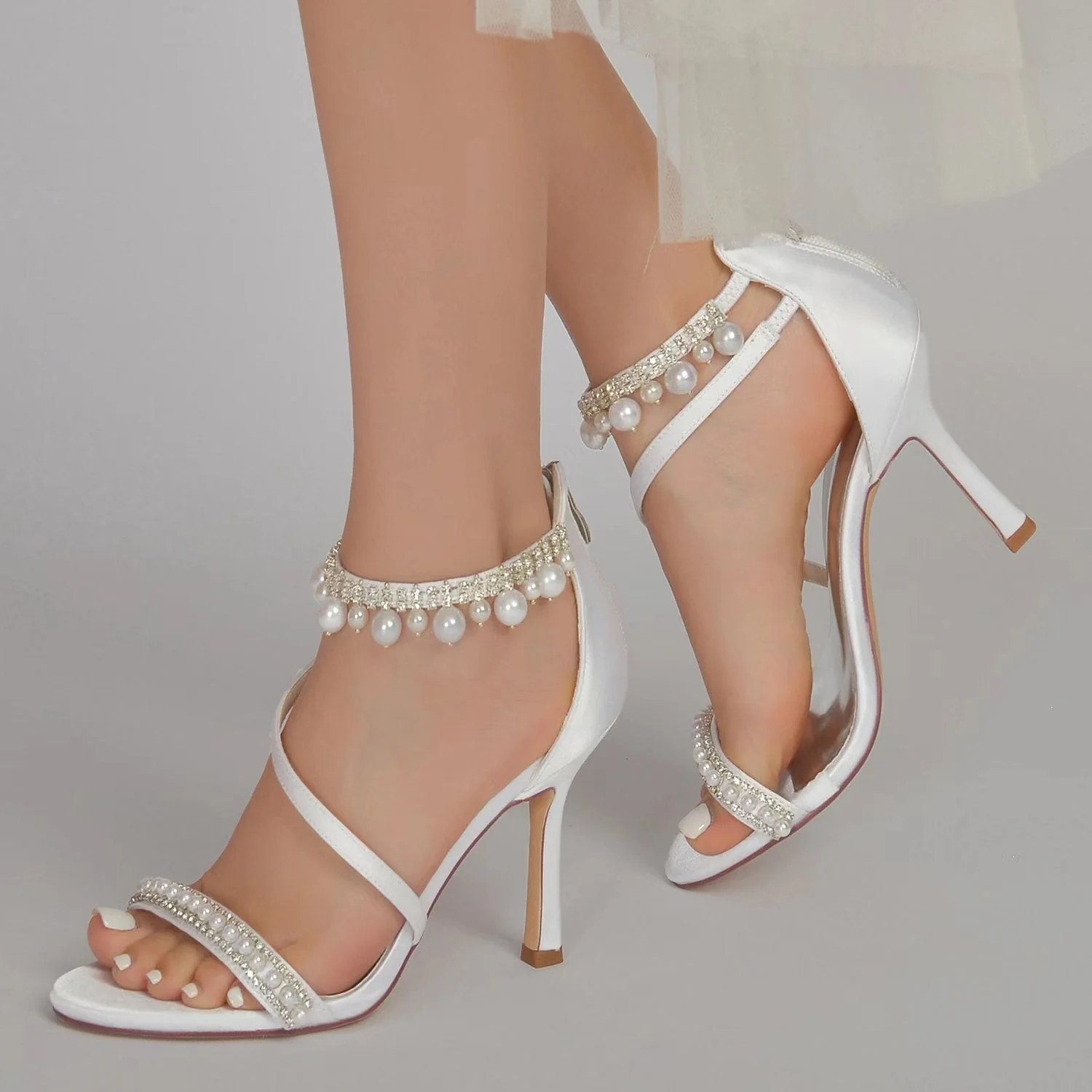 Women's Silk Satin With Ankle Strap Pearl Rhinestone Tassel Peep Toe Stiletto Heel Party Shoes - Image 5