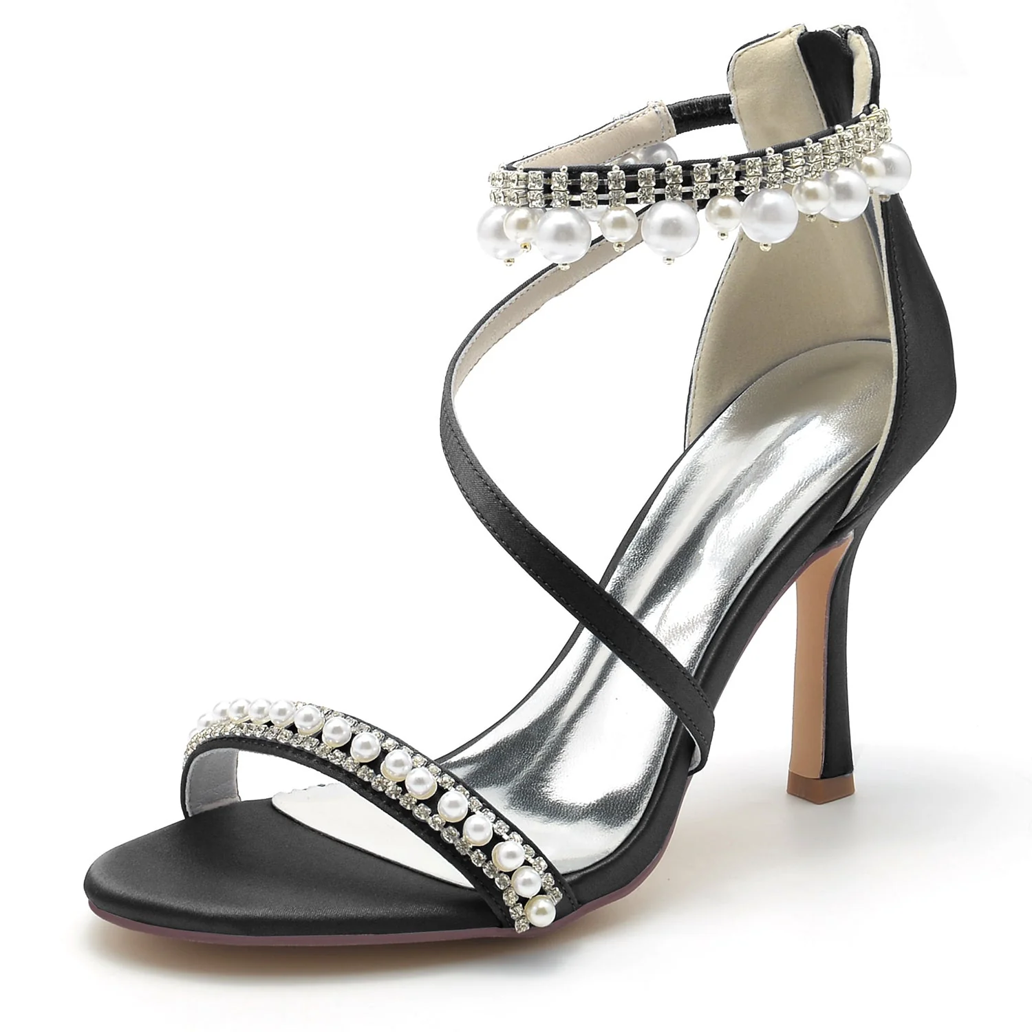 Women's Silk Satin With Ankle Strap Pearl Rhinestone Tassel Peep Toe Stiletto Heel Party Shoes - Image 9