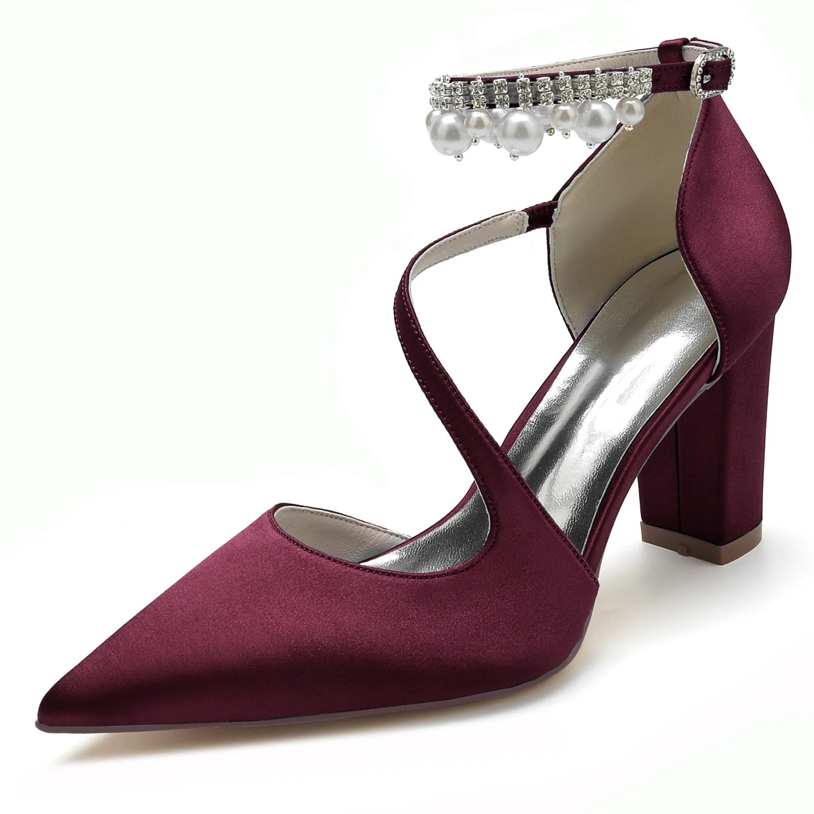 Women's Silk Satin With Ankle Strap Pearl Tassel Closed Toe Chunky Heel Party Shoes - Image 13
