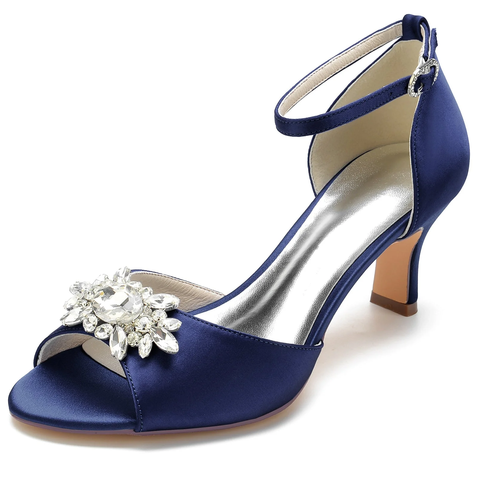 Women's Silk Satin With Ankle Strap Peep Toe Rhinestone Spool Heel Evening Shoes - Image 11