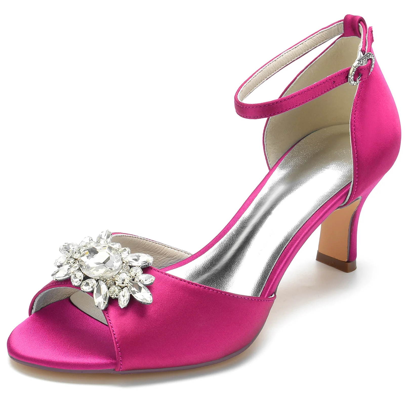 Women's Silk Satin With Ankle Strap Peep Toe Rhinestone Spool Heel Evening Shoes - Image 13
