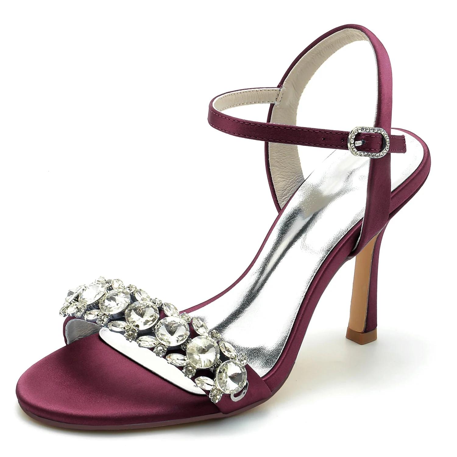 Women's Silk Satin With Ankle Strap Peep Toe Rhinestone Stiletto Heel Evening Shoes - Image 11