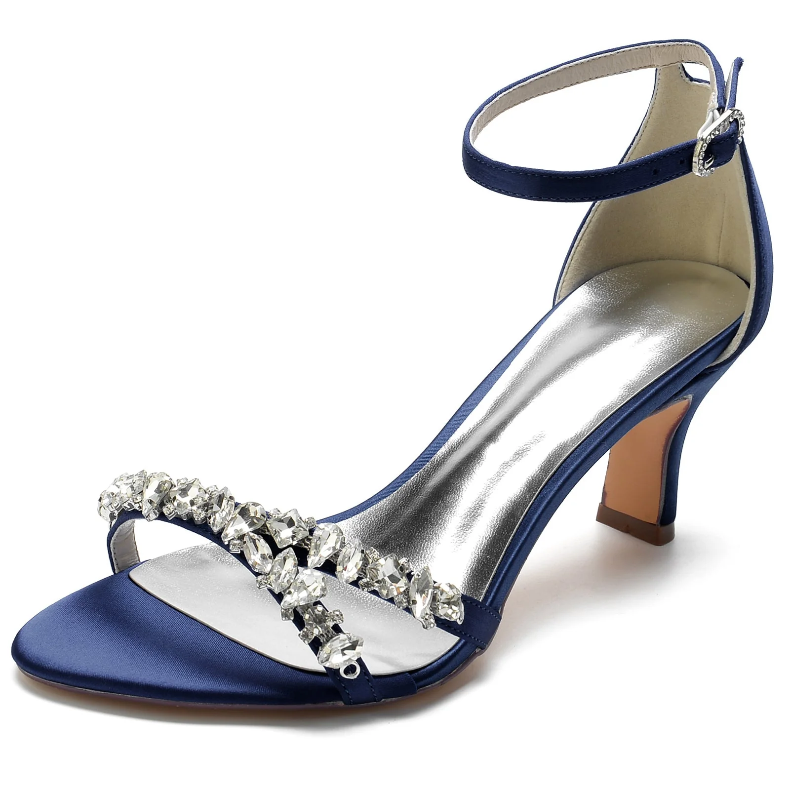 Women's Silk Satin With Ankle Strap Peep Toe Spool Heel Rhinestone Party Shoes - Image 11