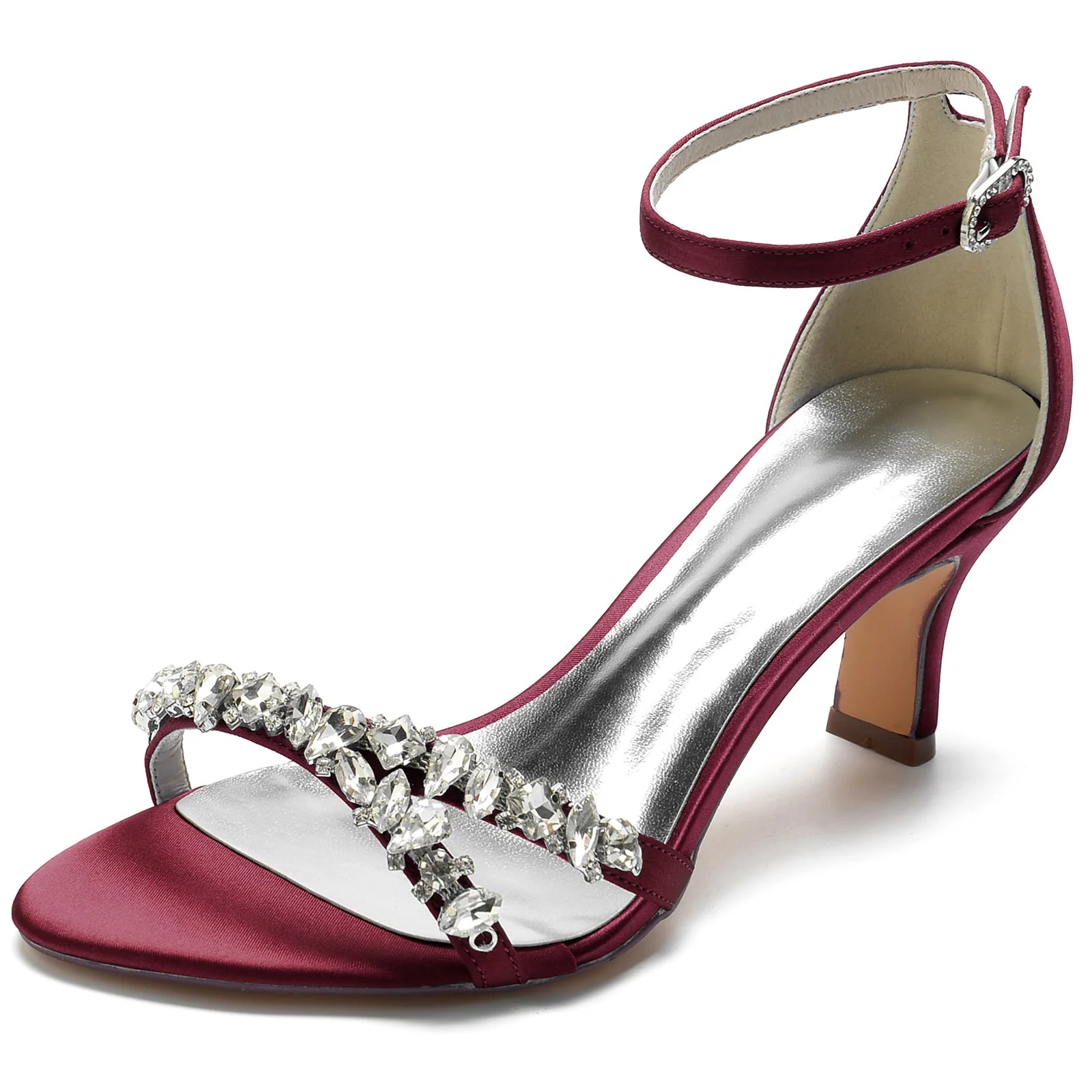 Women's Silk Satin With Ankle Strap Peep Toe Spool Heel Rhinestone Party Shoes - Image 12
