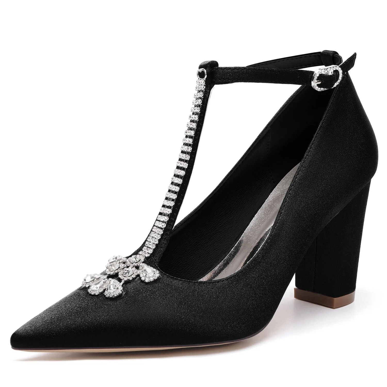 Women's Silk Satin With Ankle Strap Rhinestone Closed Toe Chunky Heel Evening Shoes - Image 5