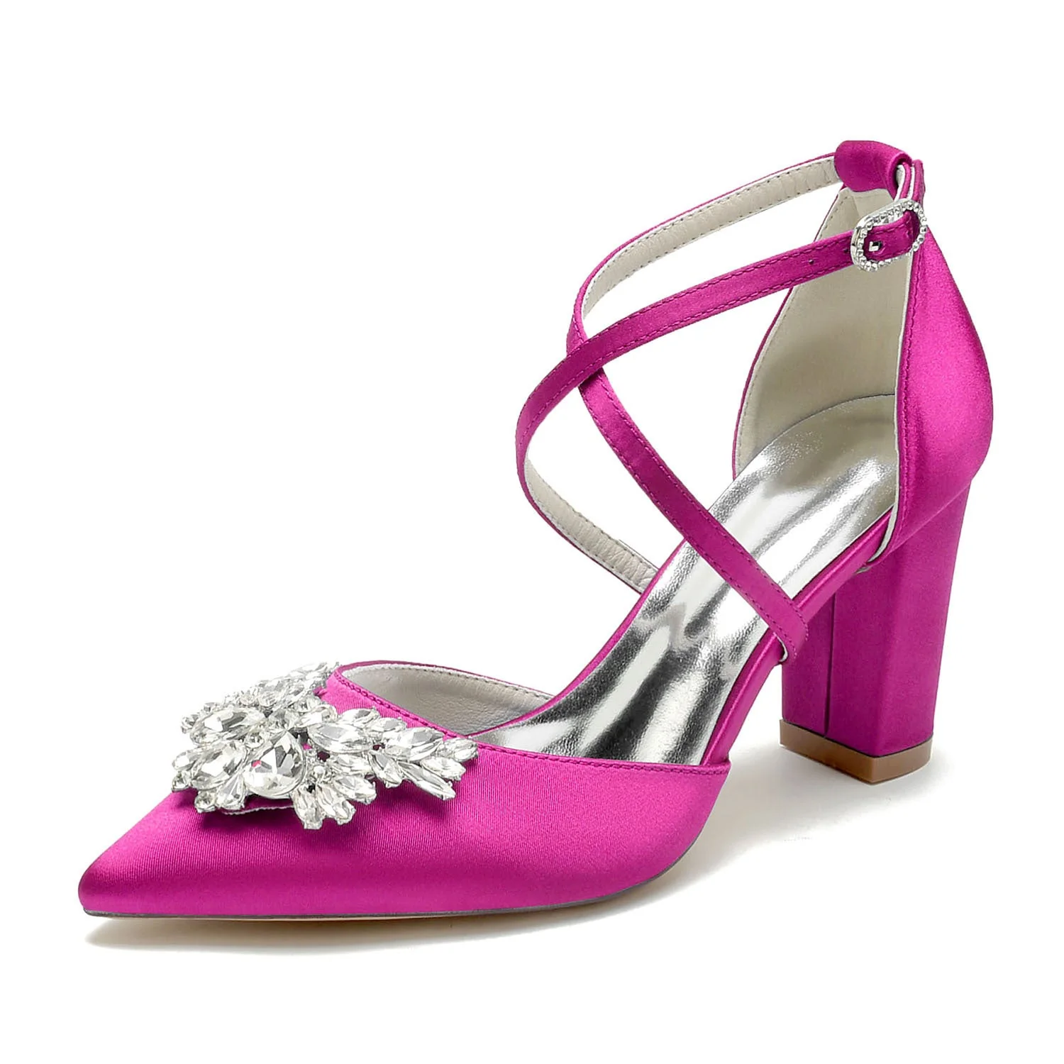 Women's Silk Satin With Ankle Strap Rhinestone Closed Toe Chunky Heel Party Shoes - Image 13