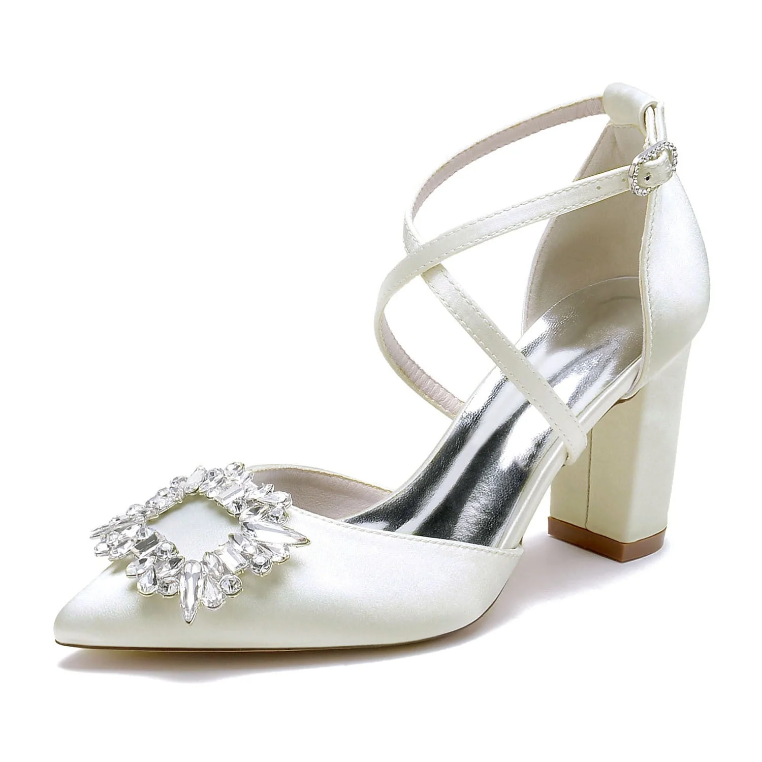 Women's Silk Satin With Ankle Strap Rhinestone Closed Toe Chunky Heel Wedding Shoes - Image 7