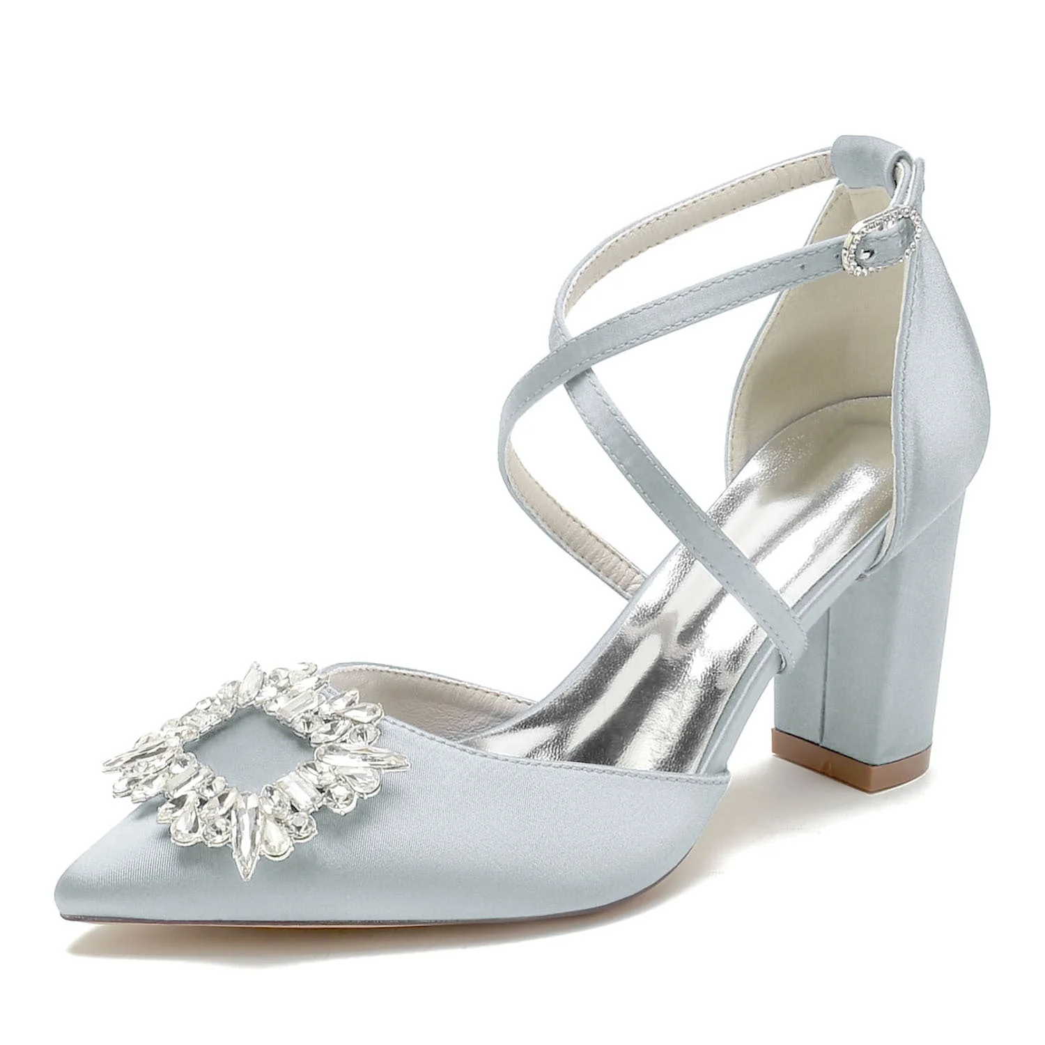 Women's Silk Satin With Ankle Strap Rhinestone Closed Toe Chunky Heel Wedding Shoes - Image 9