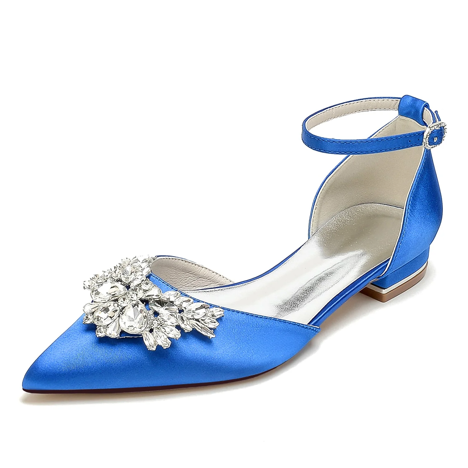 Women's Silk Satin With Ankle Strap Rhinestone Closed Toe Flat Heel Evening Shoes - Image 13
