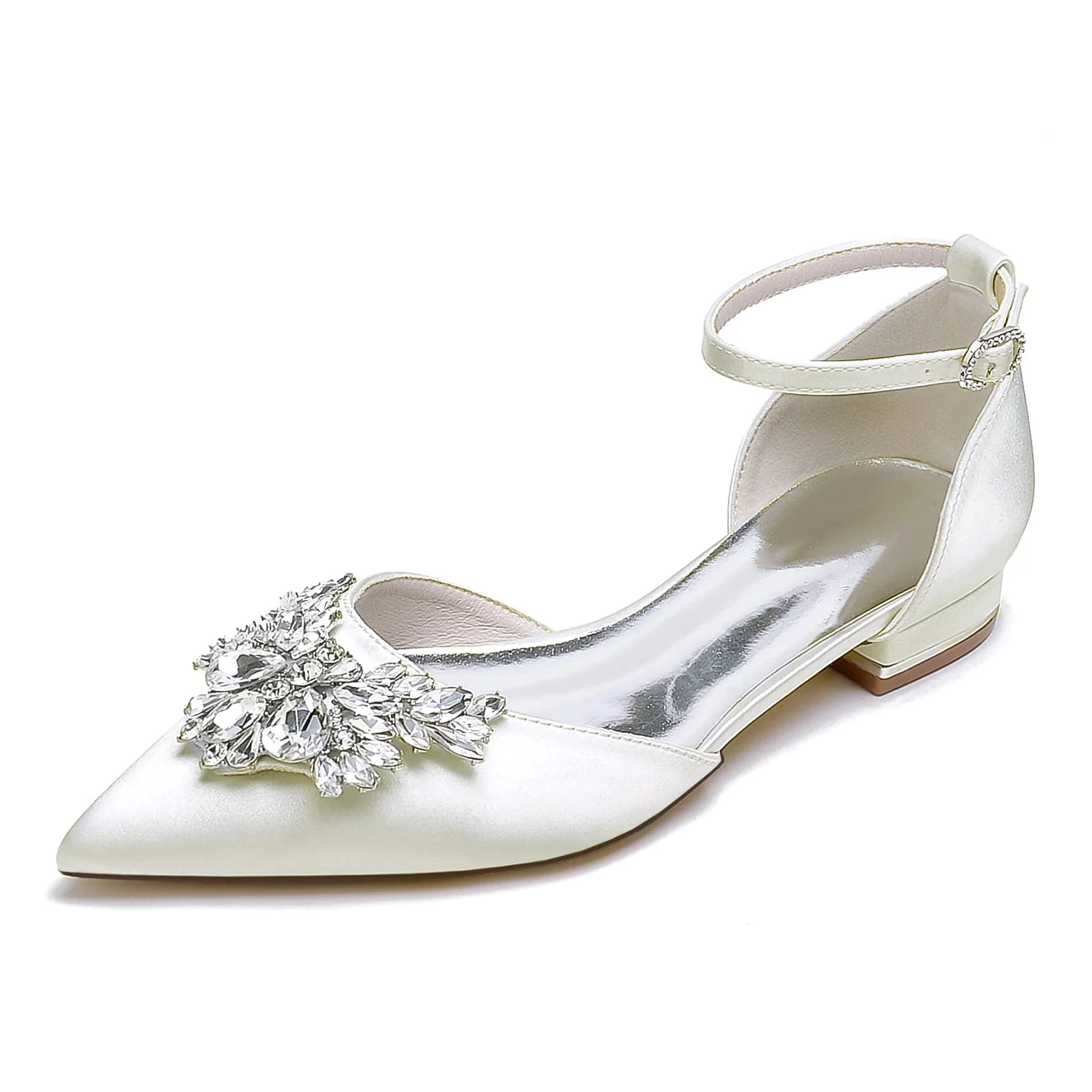 Women's Silk Satin With Ankle Strap Rhinestone Closed Toe Flat Heel Evening Shoes - Image 9