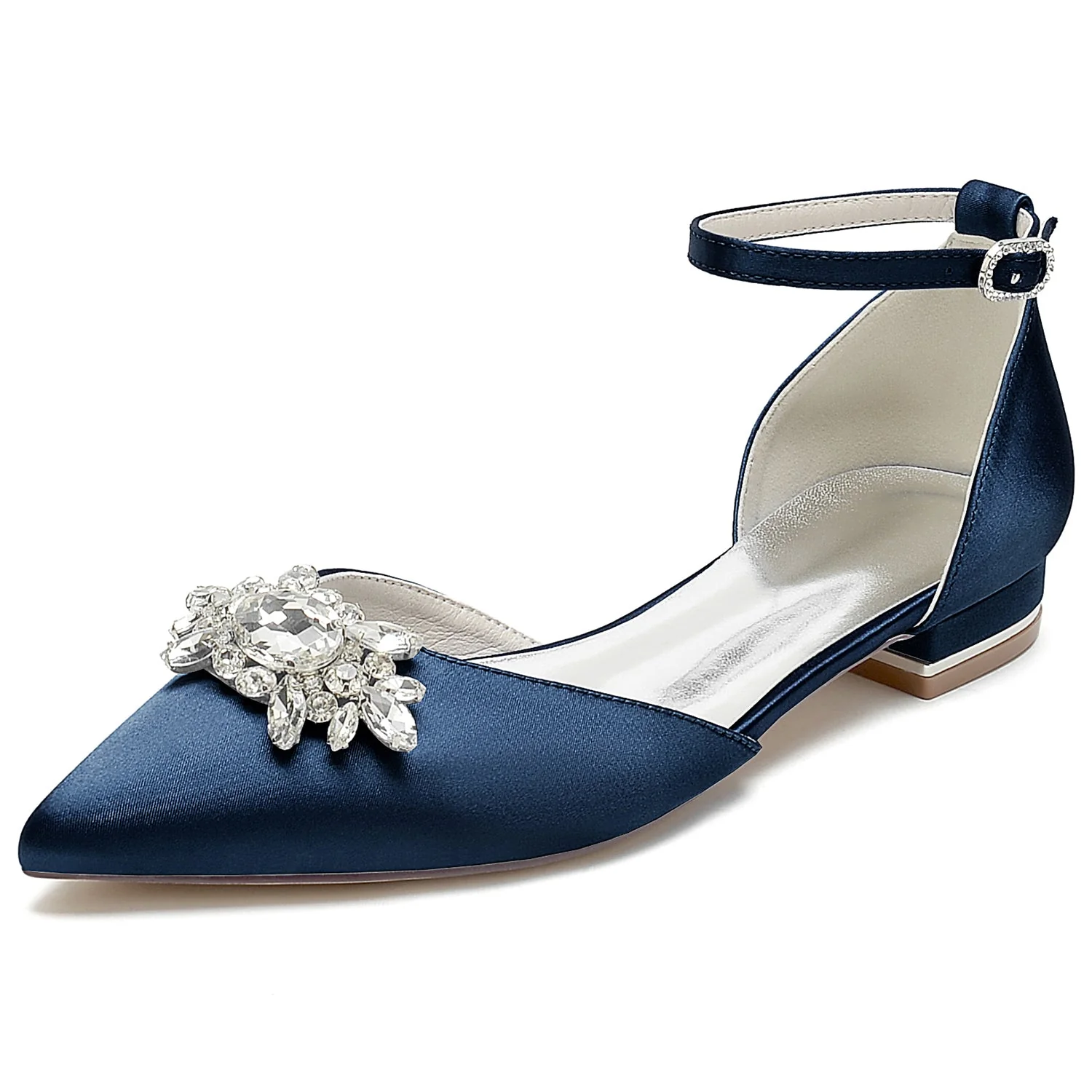 Women's Silk Satin With Ankle Strap Rhinestone Closed Toe Flat Heel Wedding Shoes - Image 12