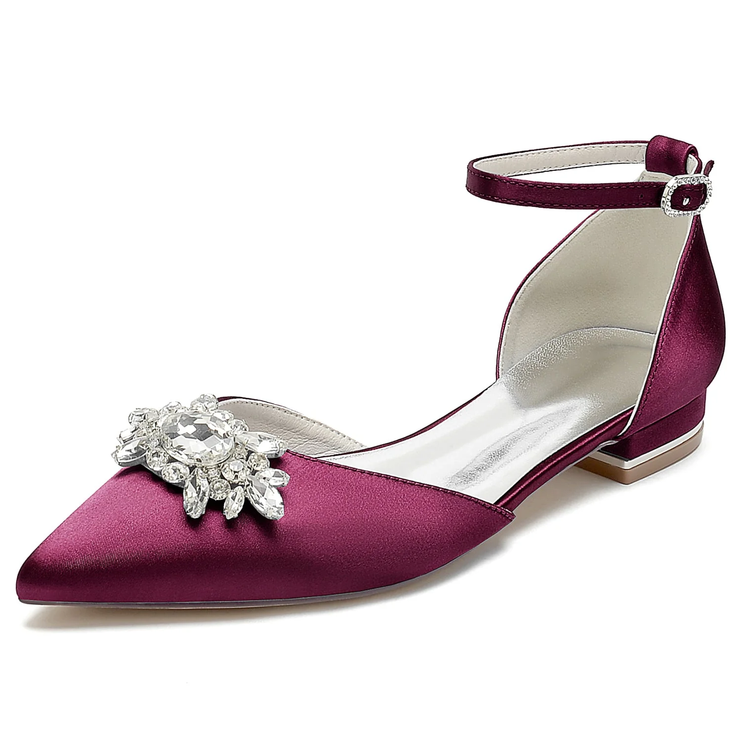 Women's Silk Satin With Ankle Strap Rhinestone Closed Toe Flat Heel Wedding Shoes - Image 14
