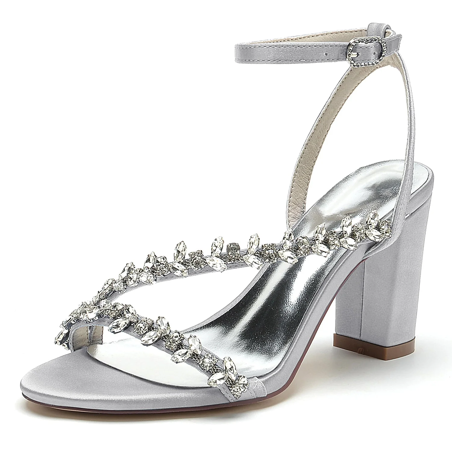 Women's Silk Satin With Ankle Strap Rhinestone Peep Toe Chunky Heel Evening Shoes - Image 12