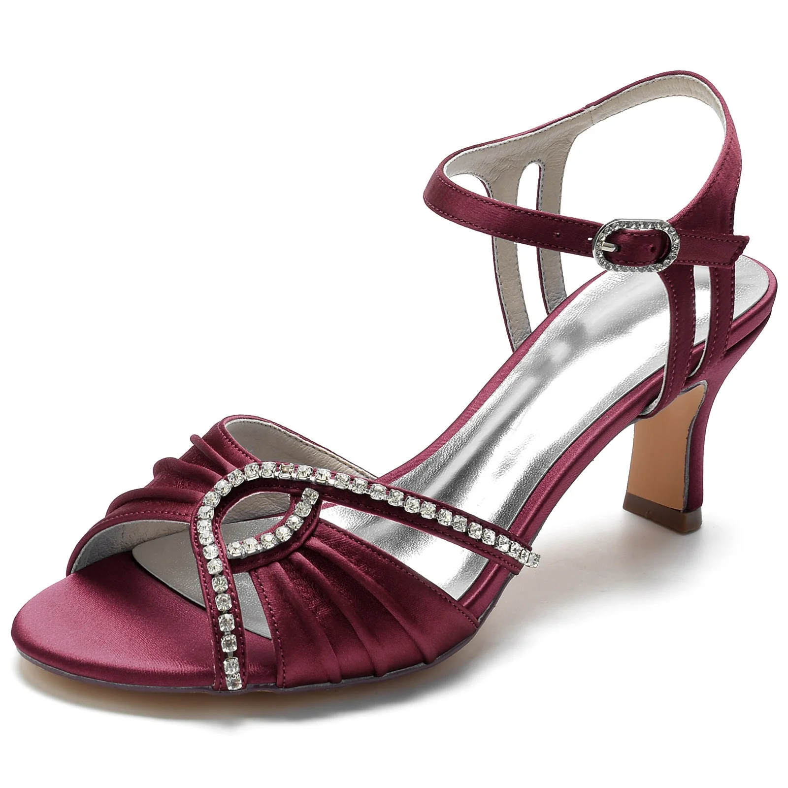 Women's Silk Satin With Ankle Strap Rhinestone Peep Toe Spool Heel Evening Shoes - Image 13