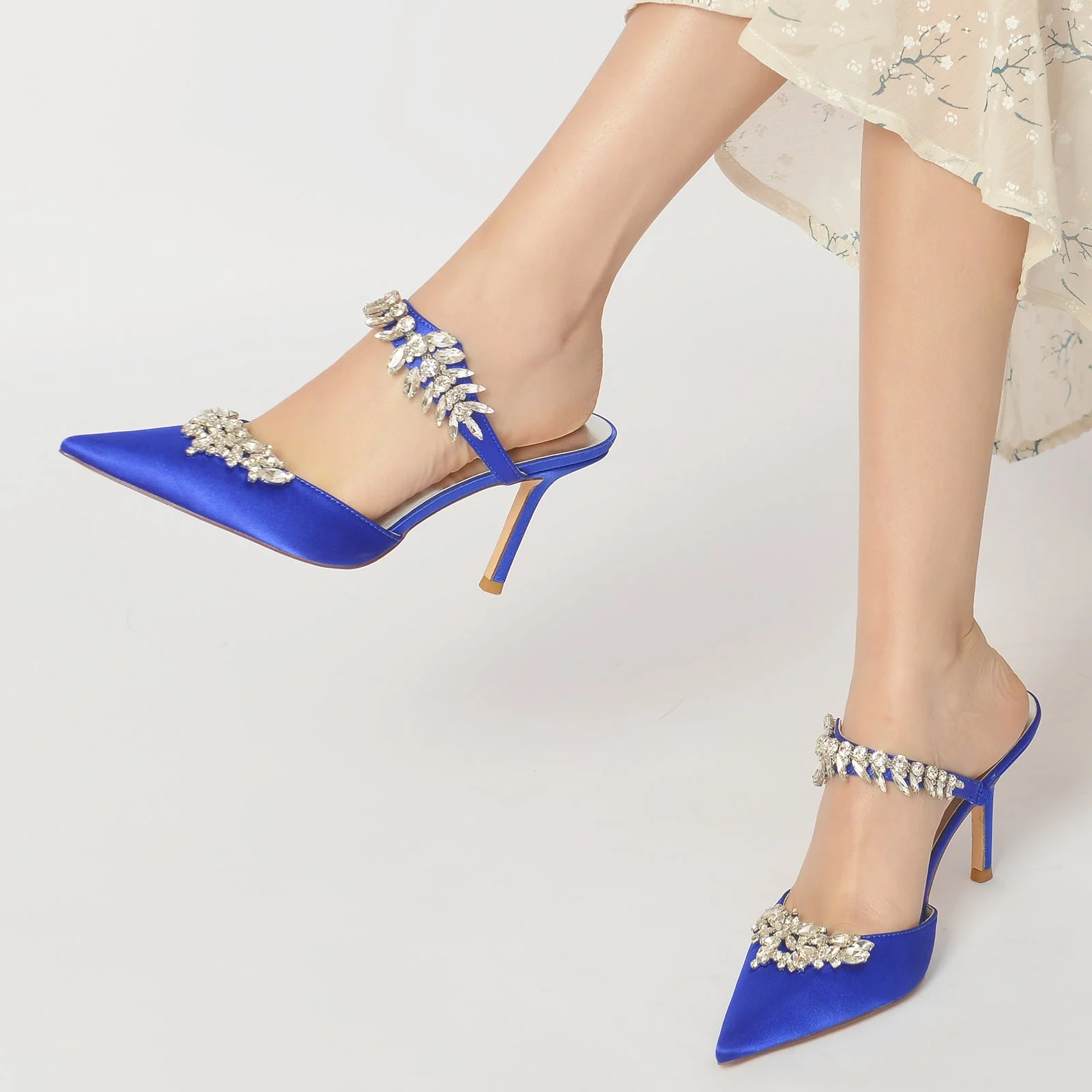 Women's Silk Satin With Ankle Strap Rhinestone Tassel Closed Toe Stiletto Heel Wedding Shoes - Image 5