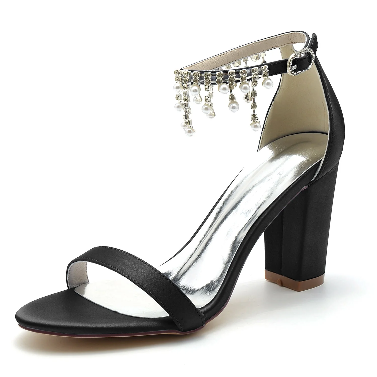 Women's Silk Satin With Ankle Strap Rhinestone Tassel Peep Toe Chunky Heel Wedding Shoes - Image 9