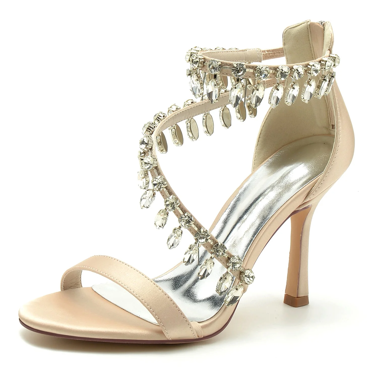 Women's Silk Satin With Ankle Strap Rhinestone Tassel Peep Toe Stiletto Heel Evening Shoes - Image 5