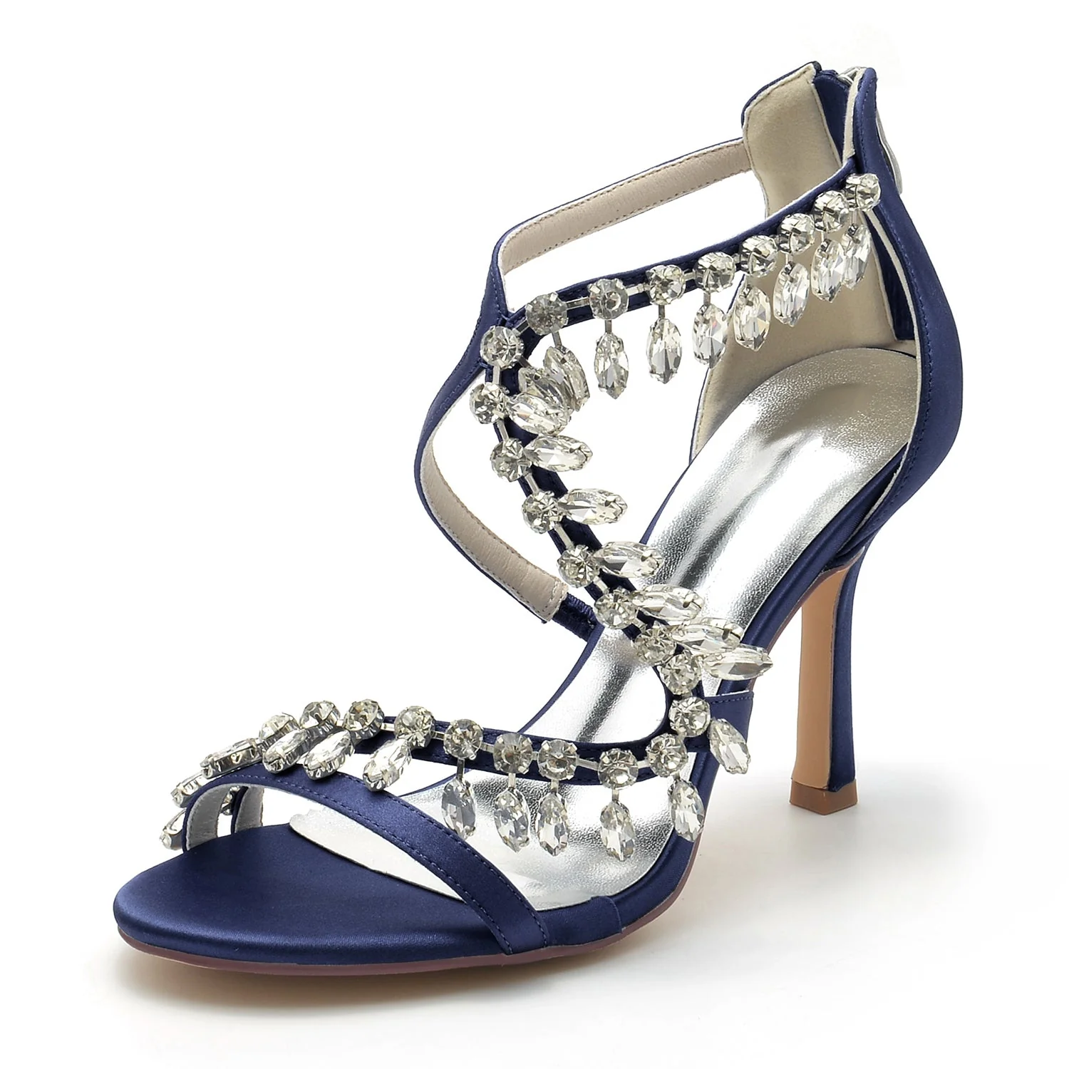 Women's Silk Satin With Ankle Strap Rhinestone Tassel Peep Toe Stiletto Heel Wedding Shoes - Image 11