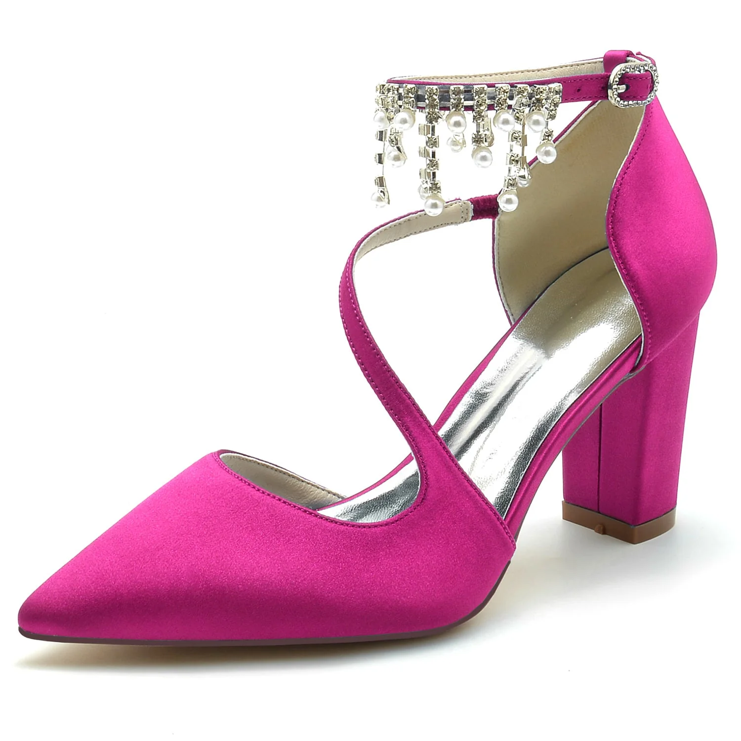Women's Silk Satin With Ankle Strap Tassel Closed Toe Chunky Heel Wedding Shoes - Image 12