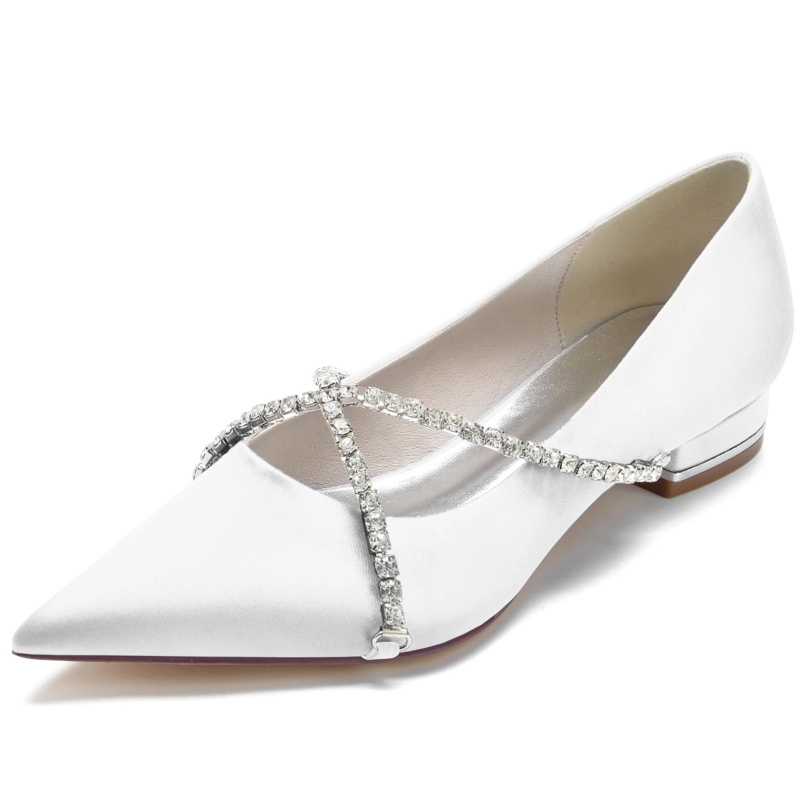 Women's Silk Satin With Closed Toe Rhinestone Flat Heel Wedding Shoes - Image 7