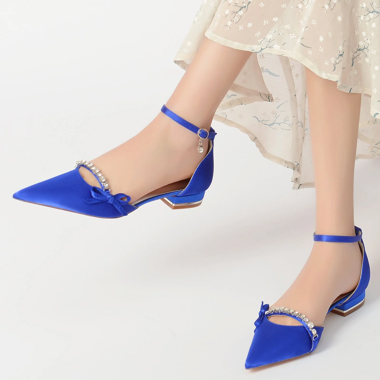Women's Silk Satin With Flat Heel Ankle Strap Rhinestone Closed Toe Party Shoes - Image 5