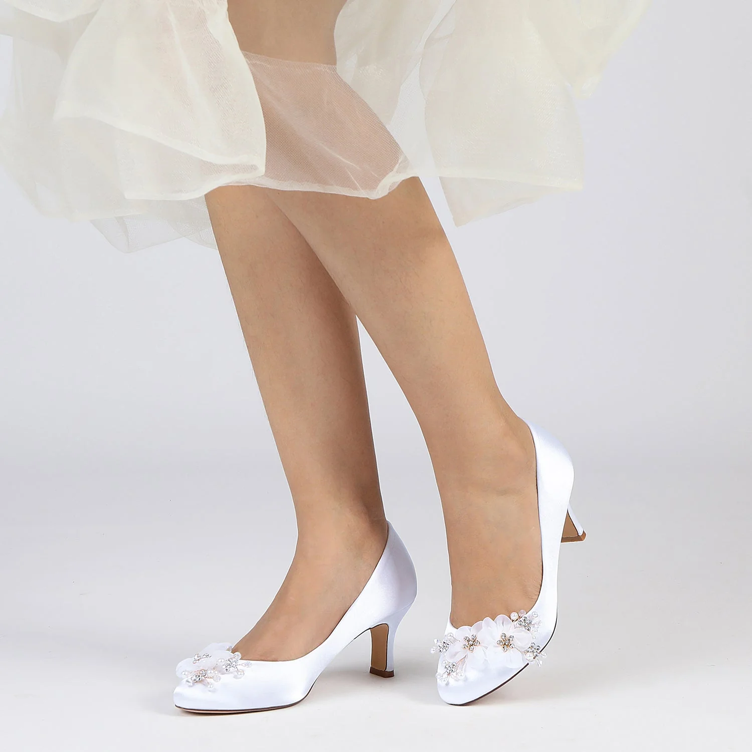 Women's Silk Satin With Flower Closed Toe Spool Heel Wedding Shoes - Image 2