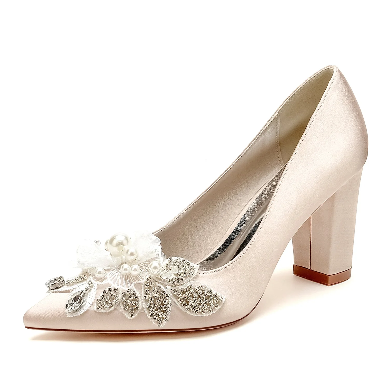 Women's Silk Satin With Flower Rhinestone Closed Toe Chunky Heel Evening Shoes - Image 8