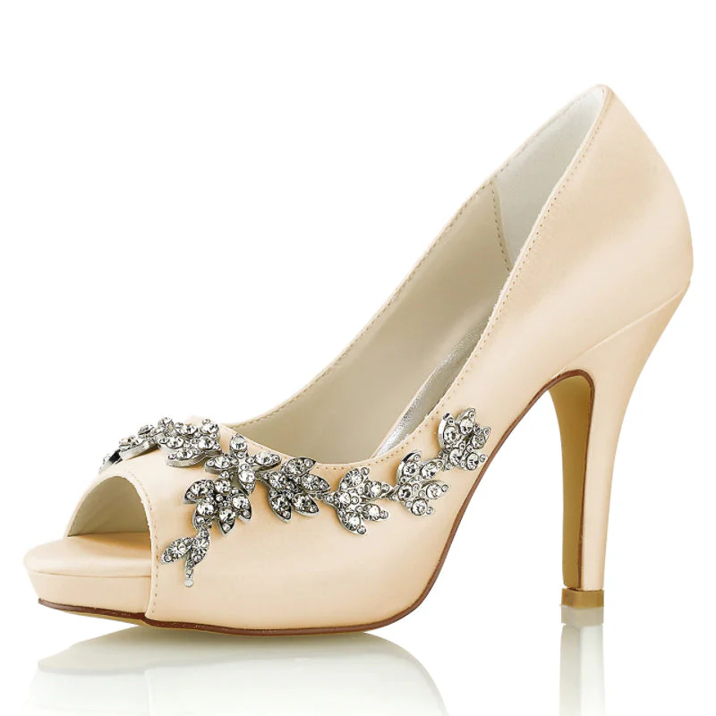 Women's Silk Satin With Flower Rhinestone Peep Toe Stiletto Heel Wedding Shoes - Image 8