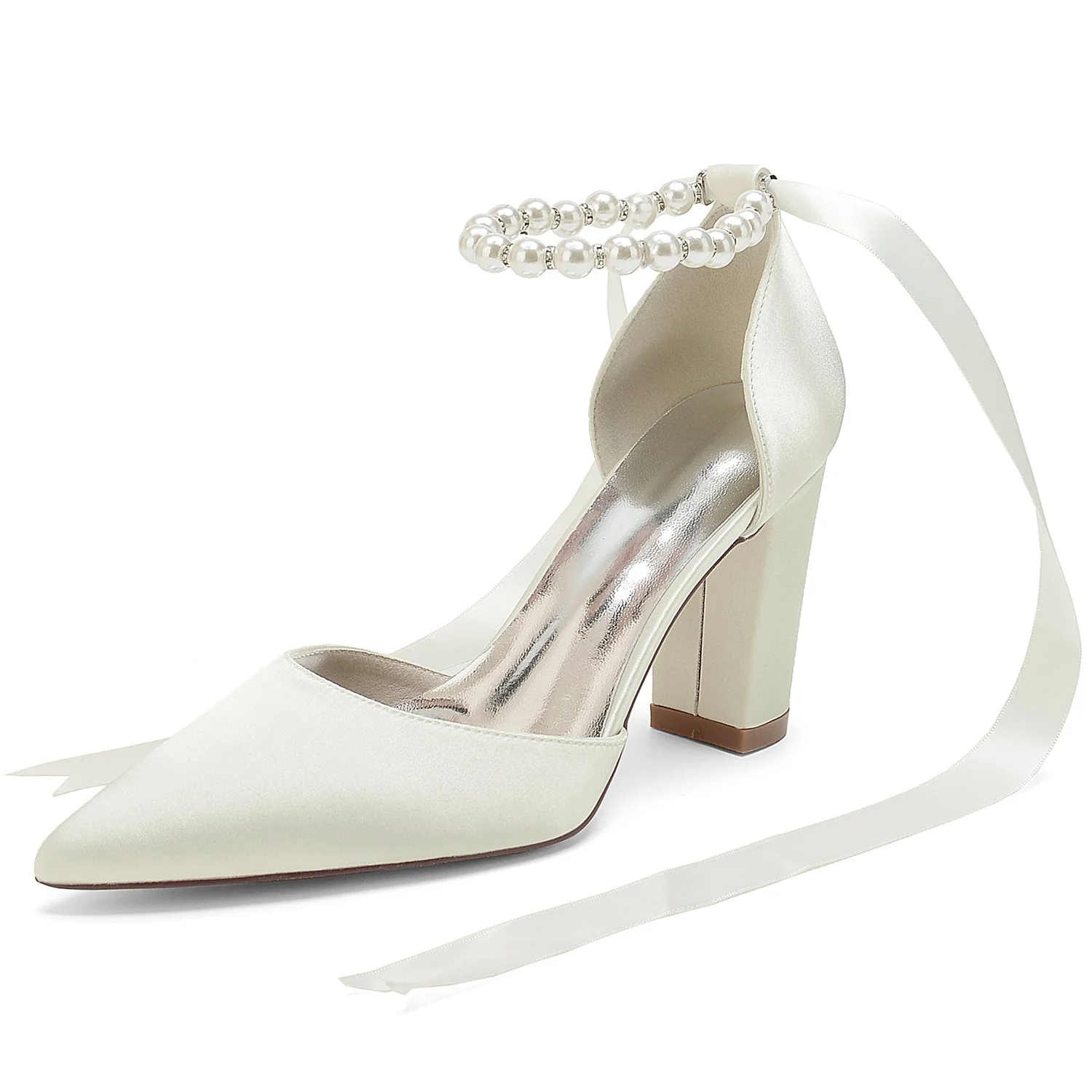 Women's Silk Satin With Lace-up Ankle Strap Pearl Closed Toe Chunky Heel Wedding Shoes - Image 10