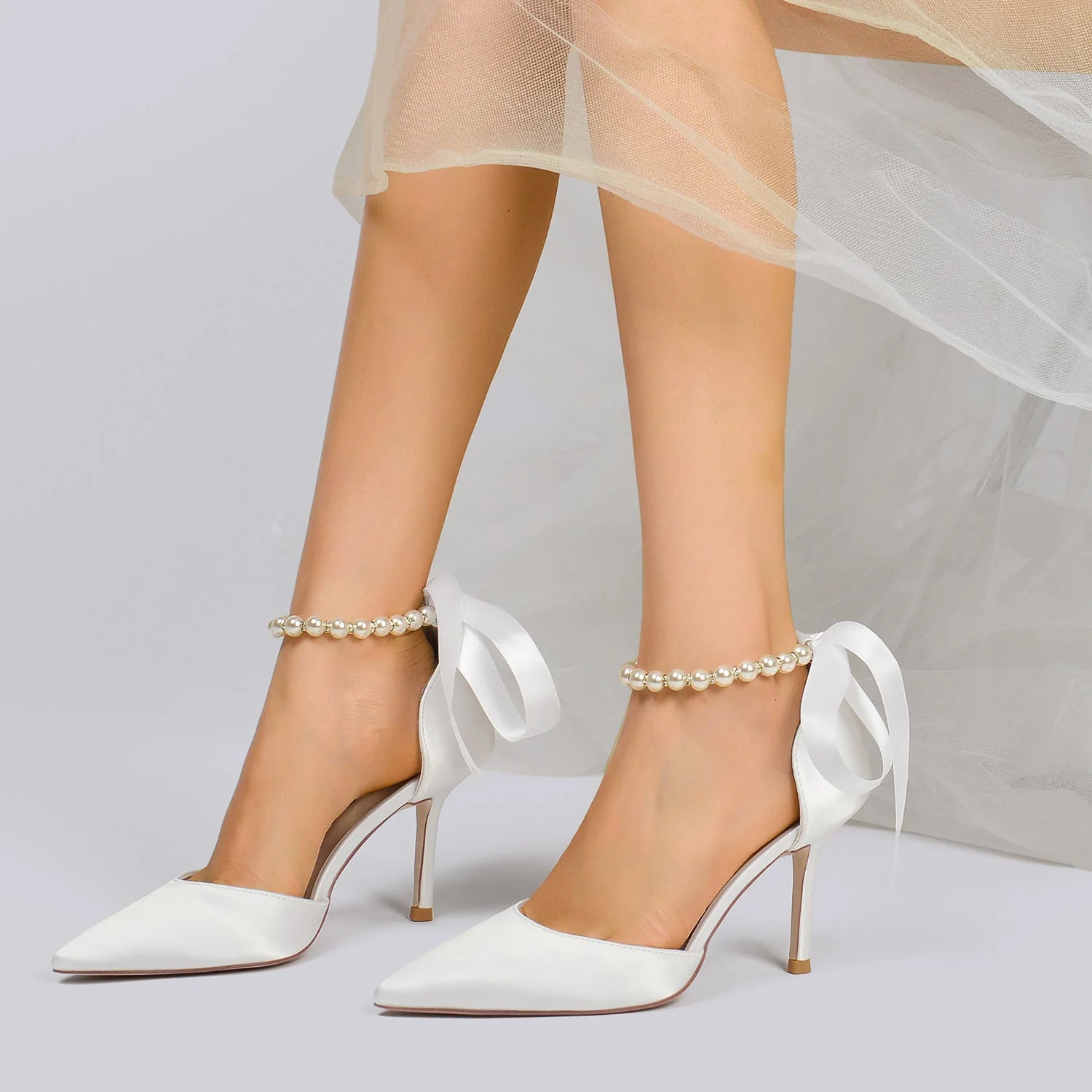 Women's Silk Satin With Lace-up Ankle Strap Pearl Closed Toe Stiletto Heel Wedding Shoes - Image 6