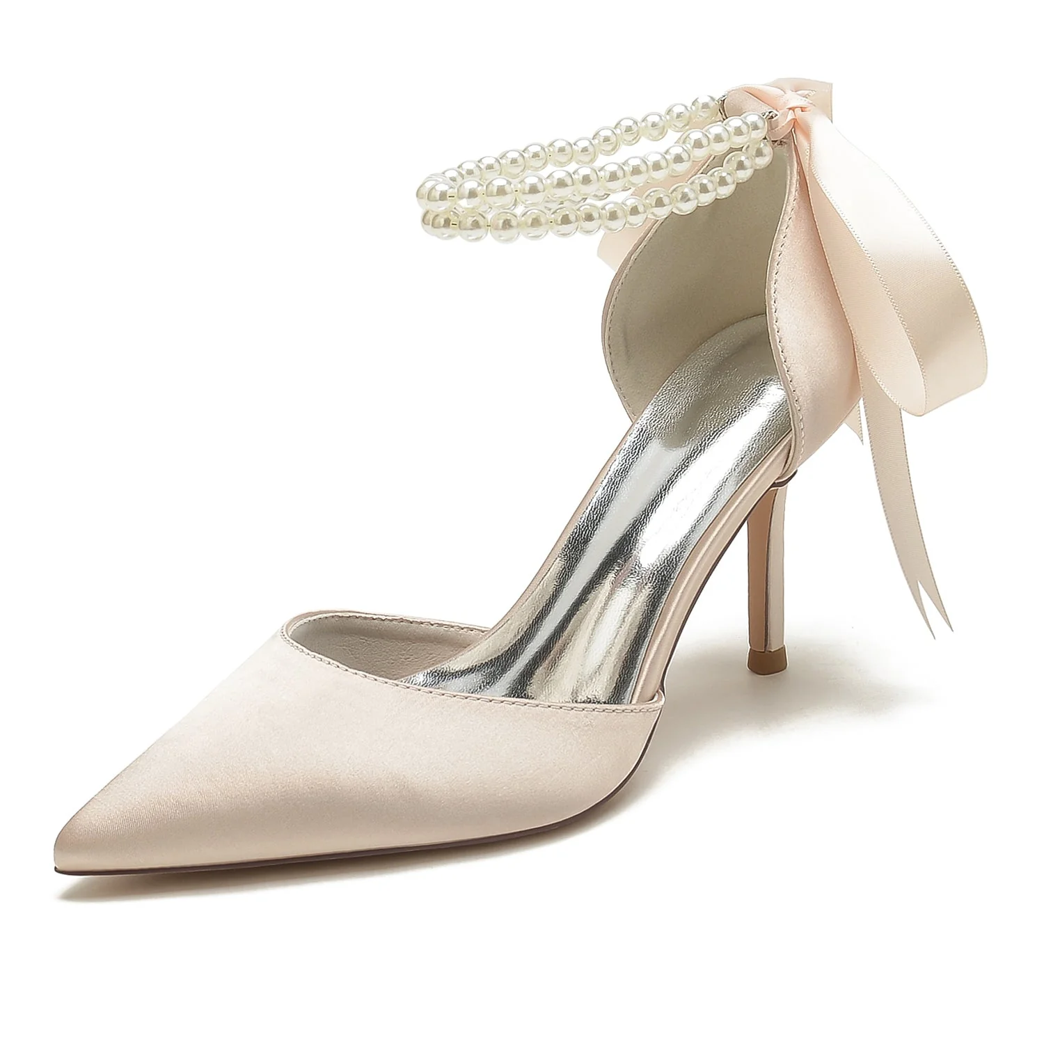 Women's Silk Satin With Pearl Closed Toe Ankle Strap Lace-up Stiletto Heel Wedding Shoes - Image 10