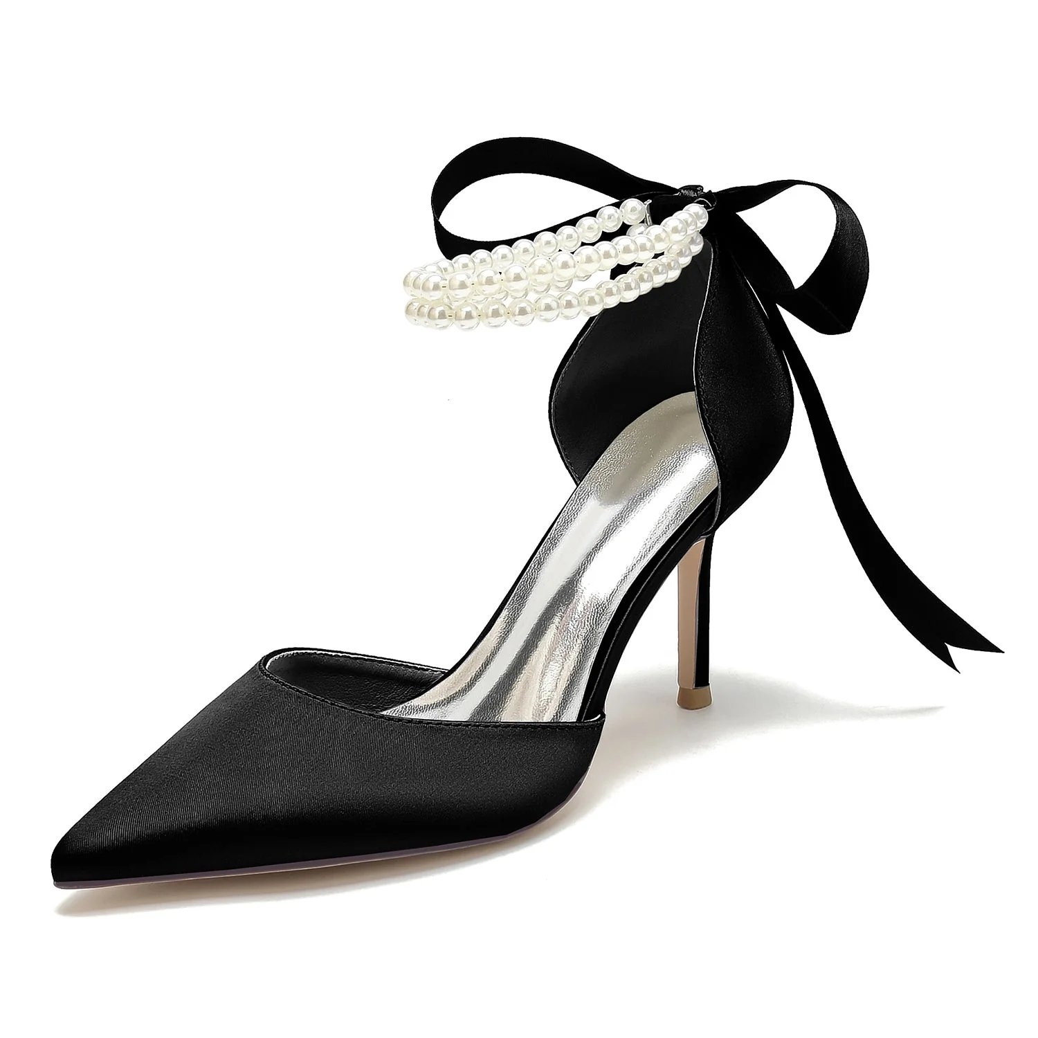 Women's Silk Satin With Pearl Closed Toe Ankle Strap Lace-up Stiletto Heel Wedding Shoes - Image 8