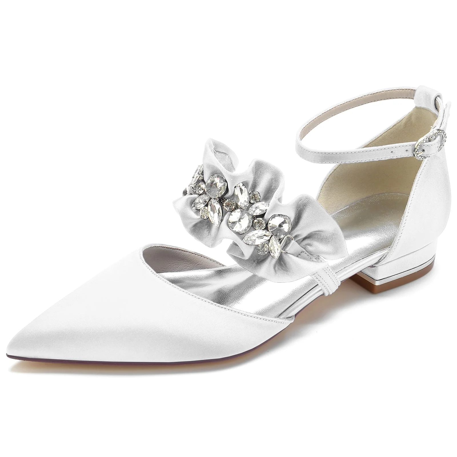 Women's Silk Satin With Rhinestone Ankle Strap Closed Toe Flat Heel Party Shoes - Image 7