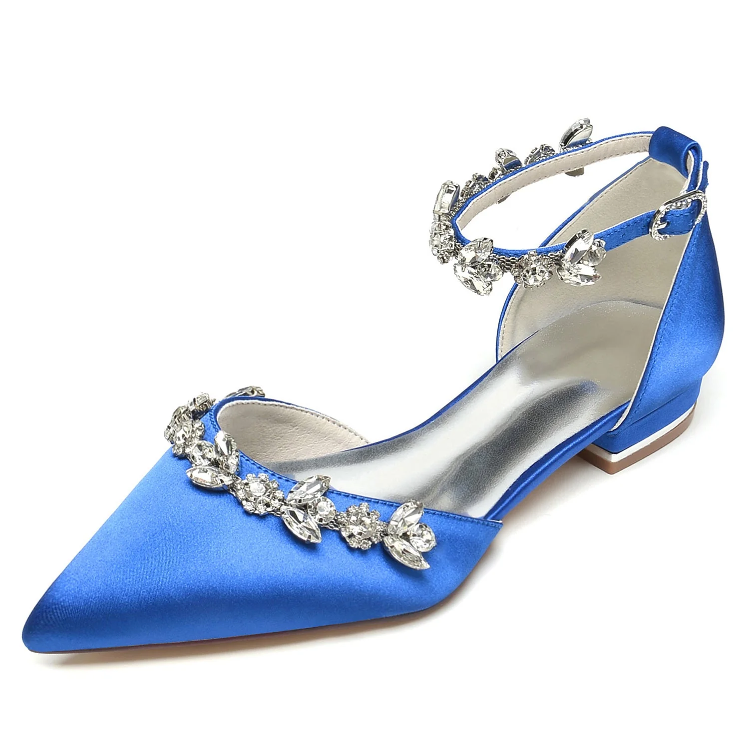 Women's Silk Satin With Rhinestone Ankle Strap Flat Heel Closed Toe Party Shoes - Image 13