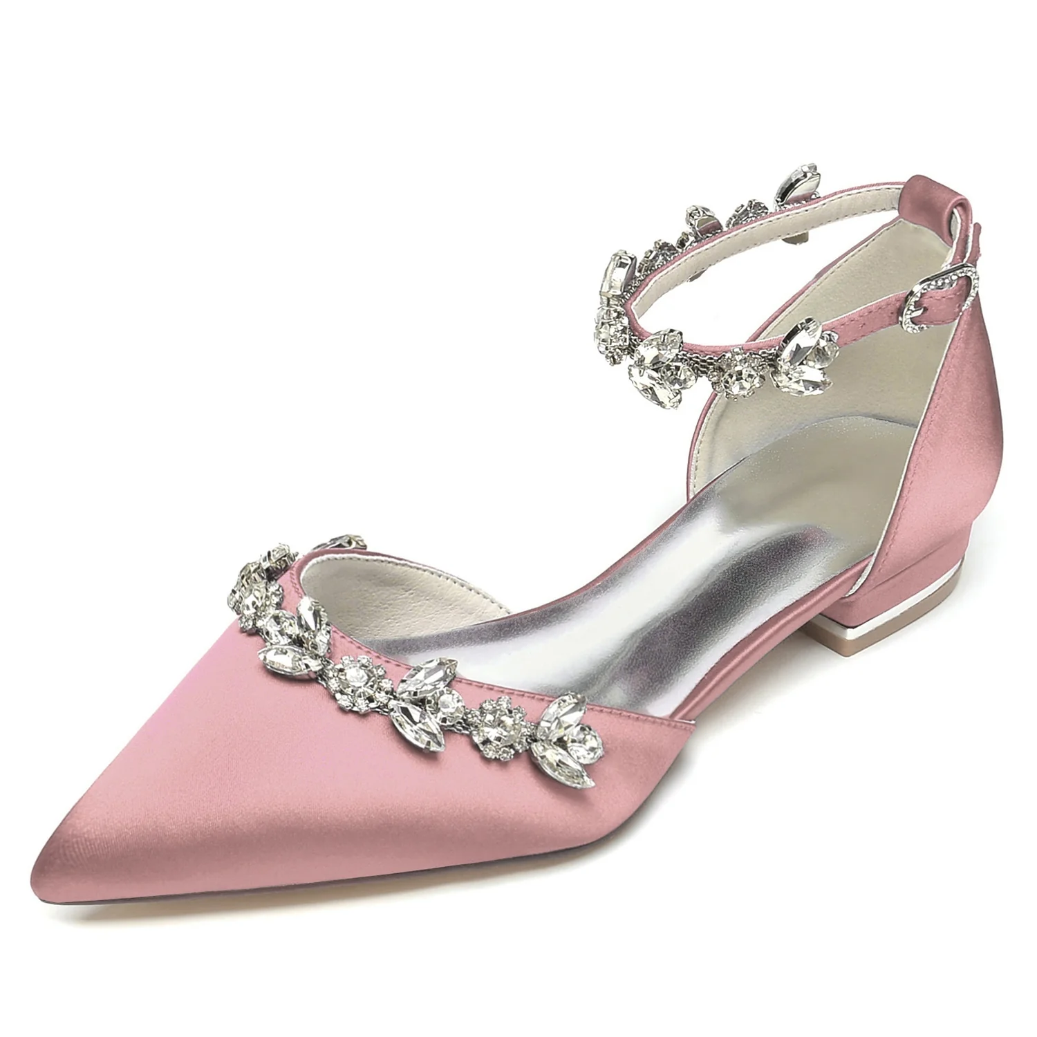 Women's Silk Satin With Rhinestone Ankle Strap Flat Heel Closed Toe Party Shoes - Image 6