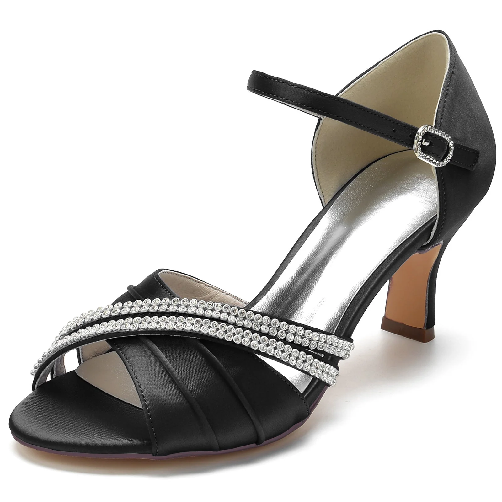 Women's Silk Satin With Rhinestone Ankle Strap Peep Toe Spool Heel Party Shoes - Image 12