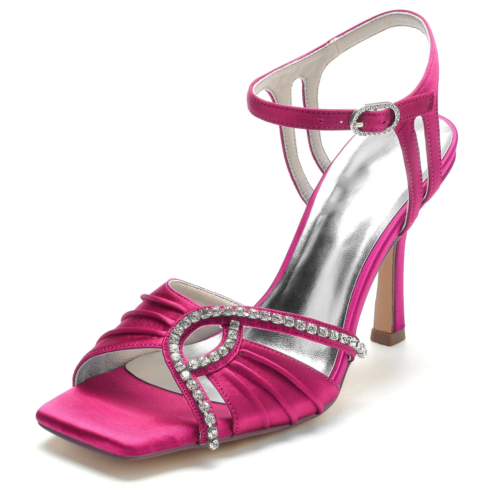 Women's Silk Satin With Rhinestone Ankle Strap Peep Toe Stiletto Heel Evening Shoes - Image 5