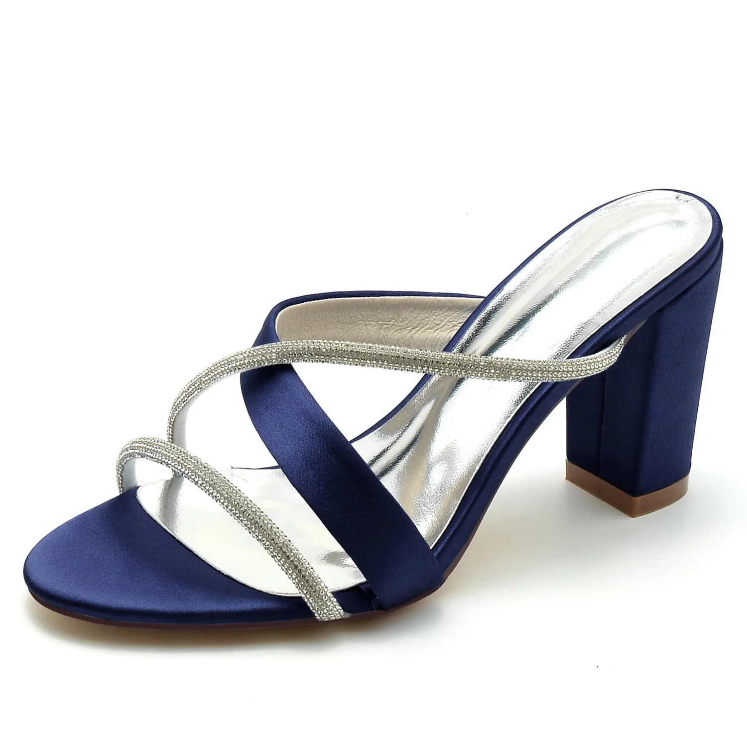 Women's Silk Satin With Rhinestone Peep Toe Chunky Heel Wedding Shoes - Image 10
